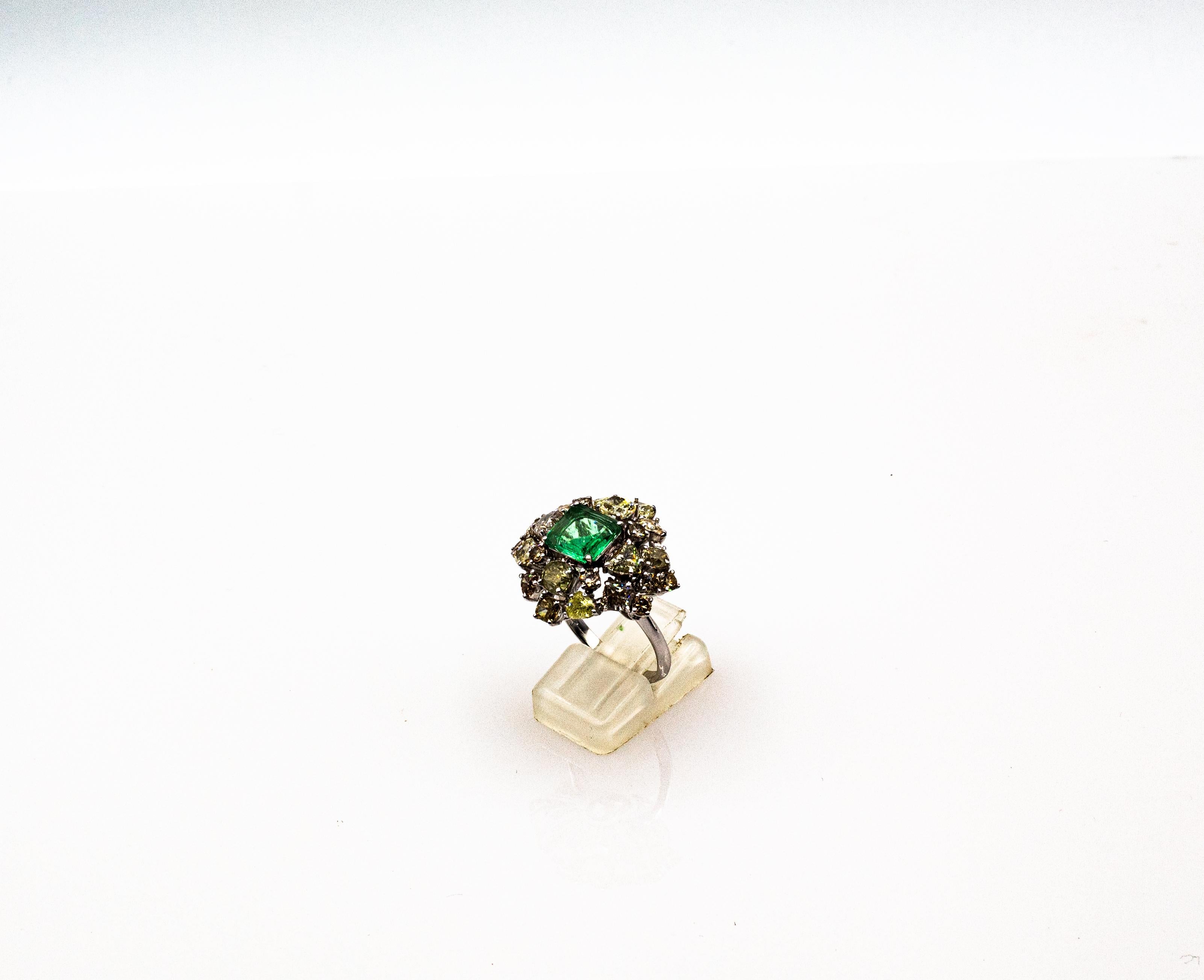 Art Deco Style Mixed Cut Diamond Emerald Cut Emerald White Gold Cocktail Ring 1