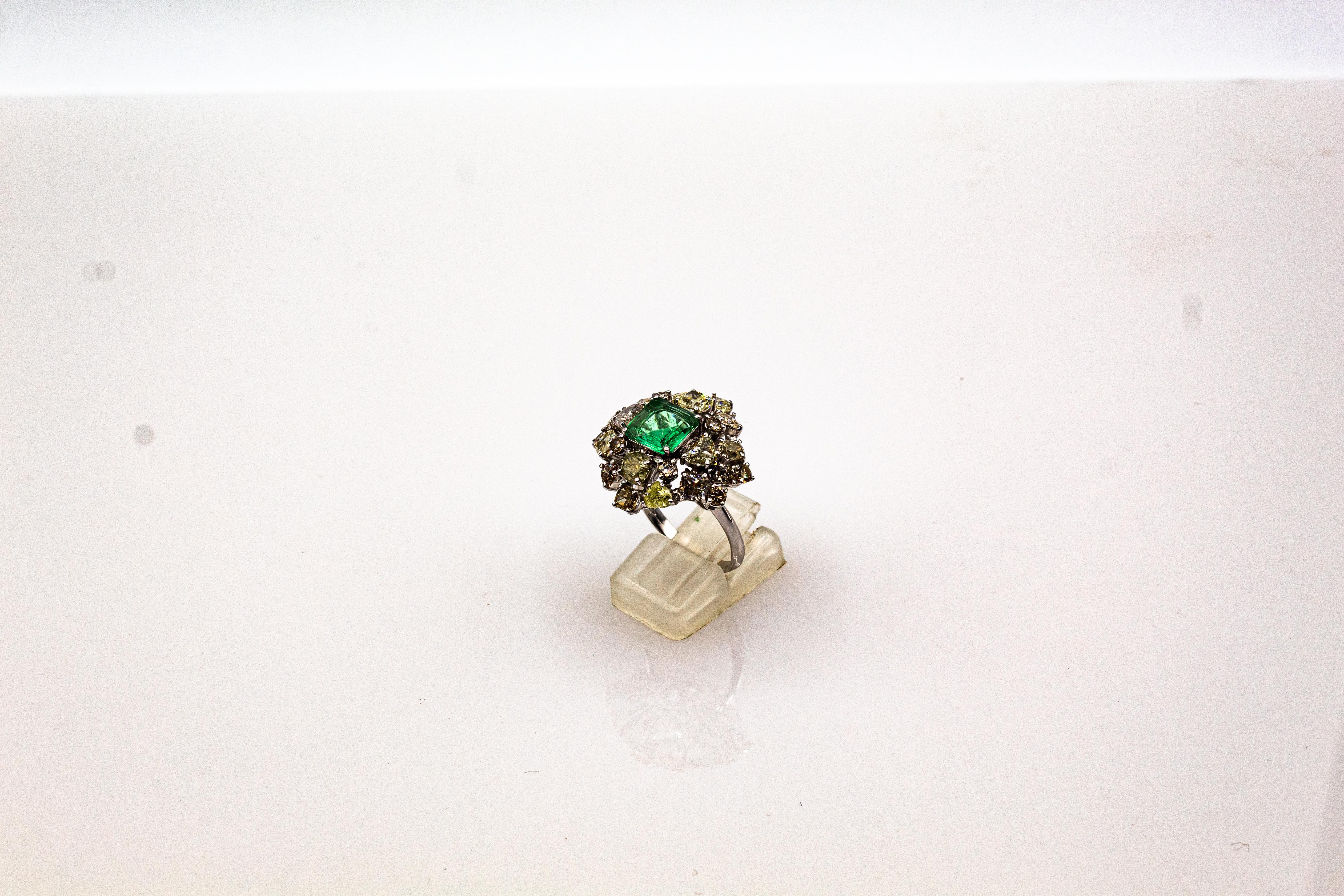 Art Deco Style Mixed Cut Diamond Emerald Cut Emerald White Gold Cocktail Ring For Sale 2