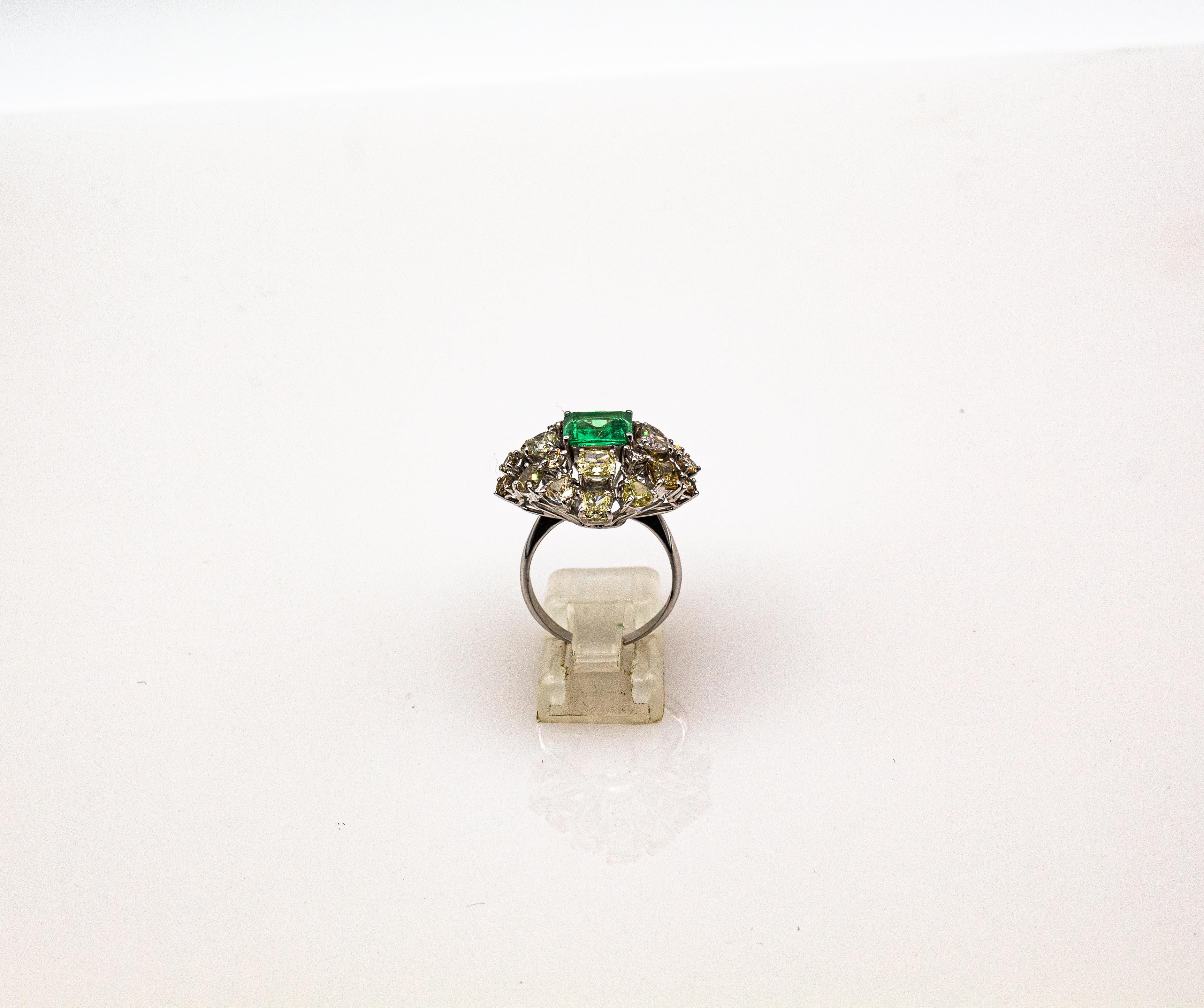 Art Deco Style Mixed Cut Diamond Emerald Cut Emerald White Gold Cocktail Ring For Sale 4