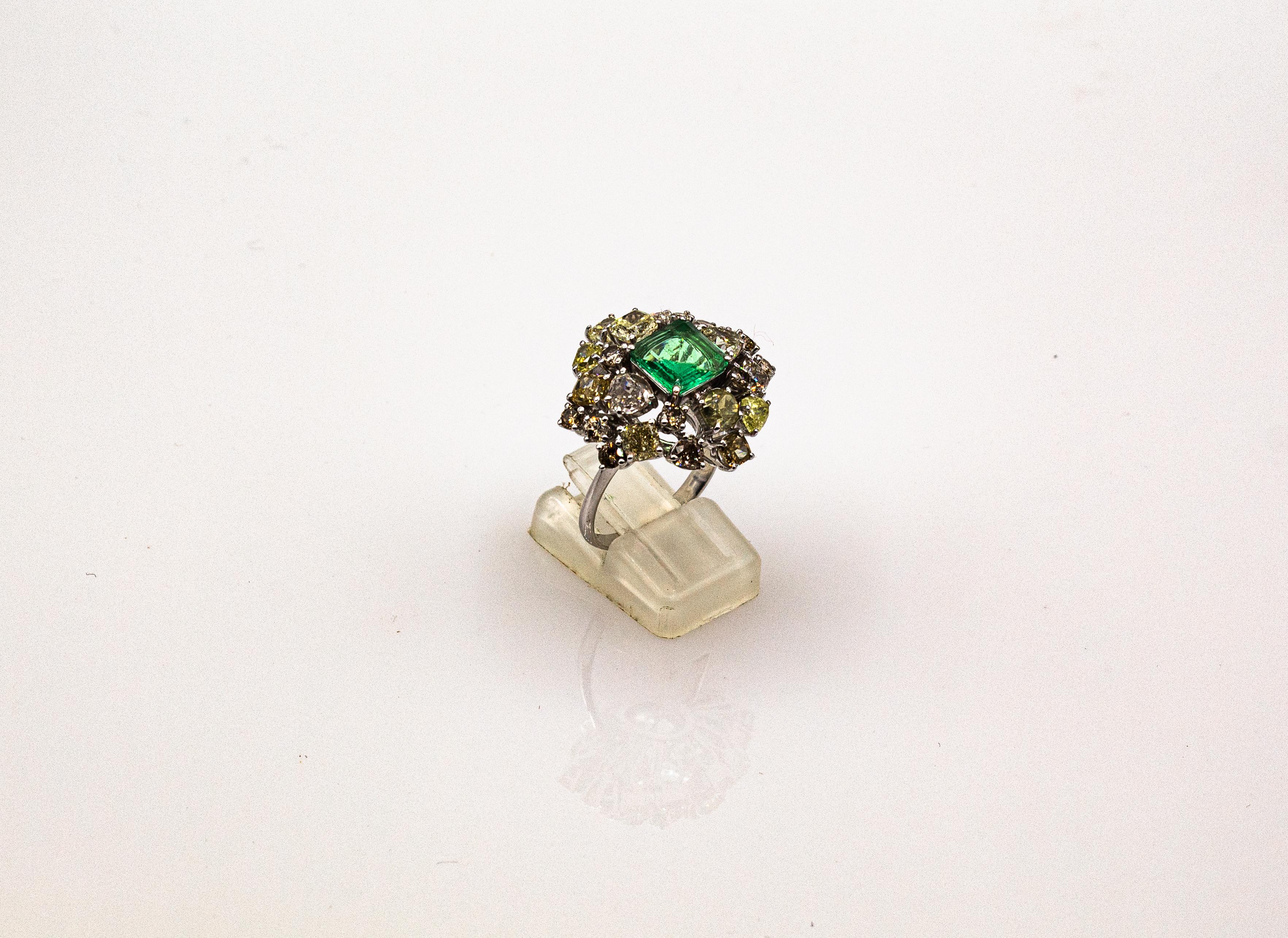 Art Deco Style Mixed Cut Diamond Emerald Cut Emerald White Gold Cocktail Ring For Sale 5