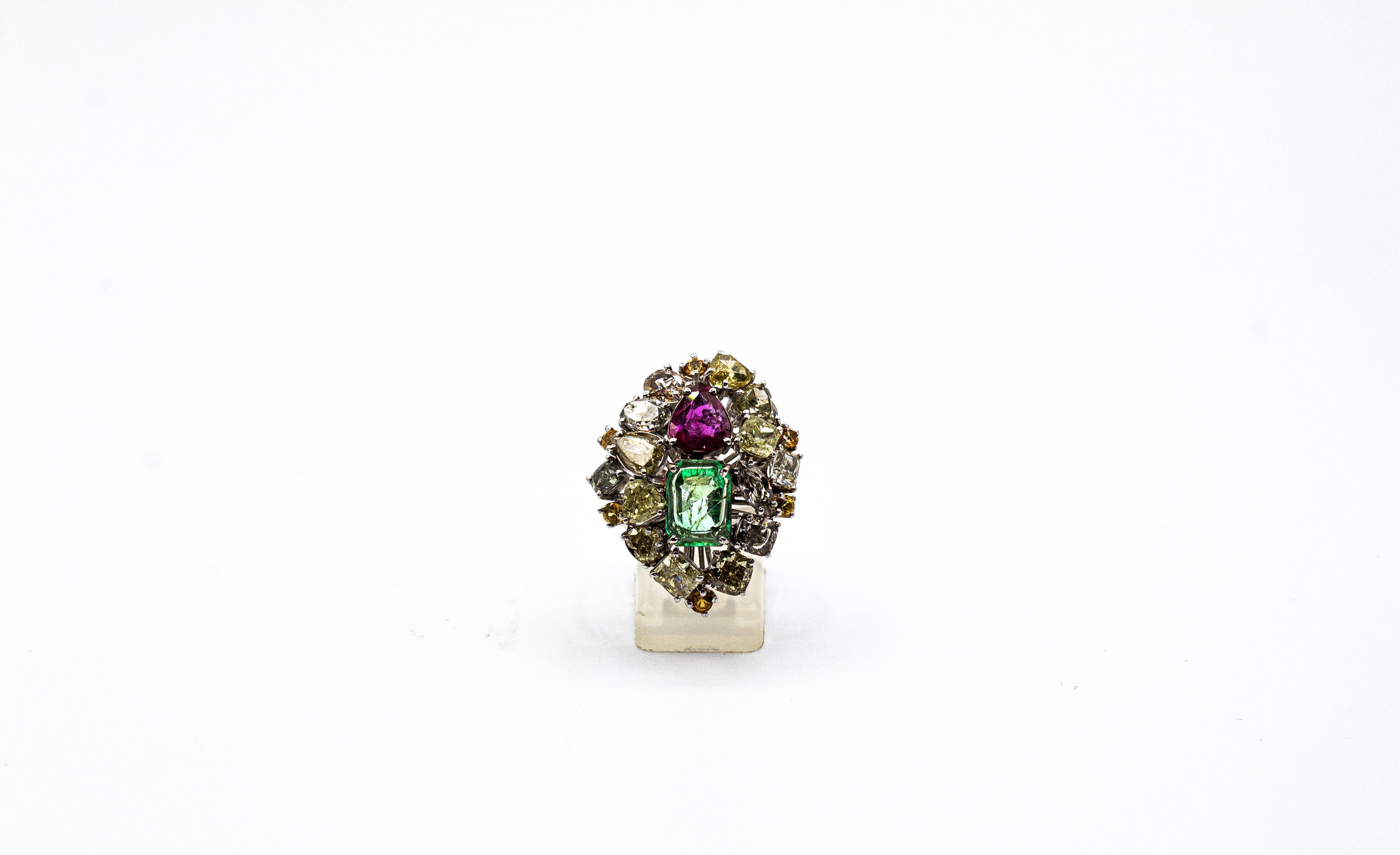 Art Deco Stil Gemischter Schliff Diamant Smaragd Birnenschliff Rubin Weißgold Cocktail Ring 5