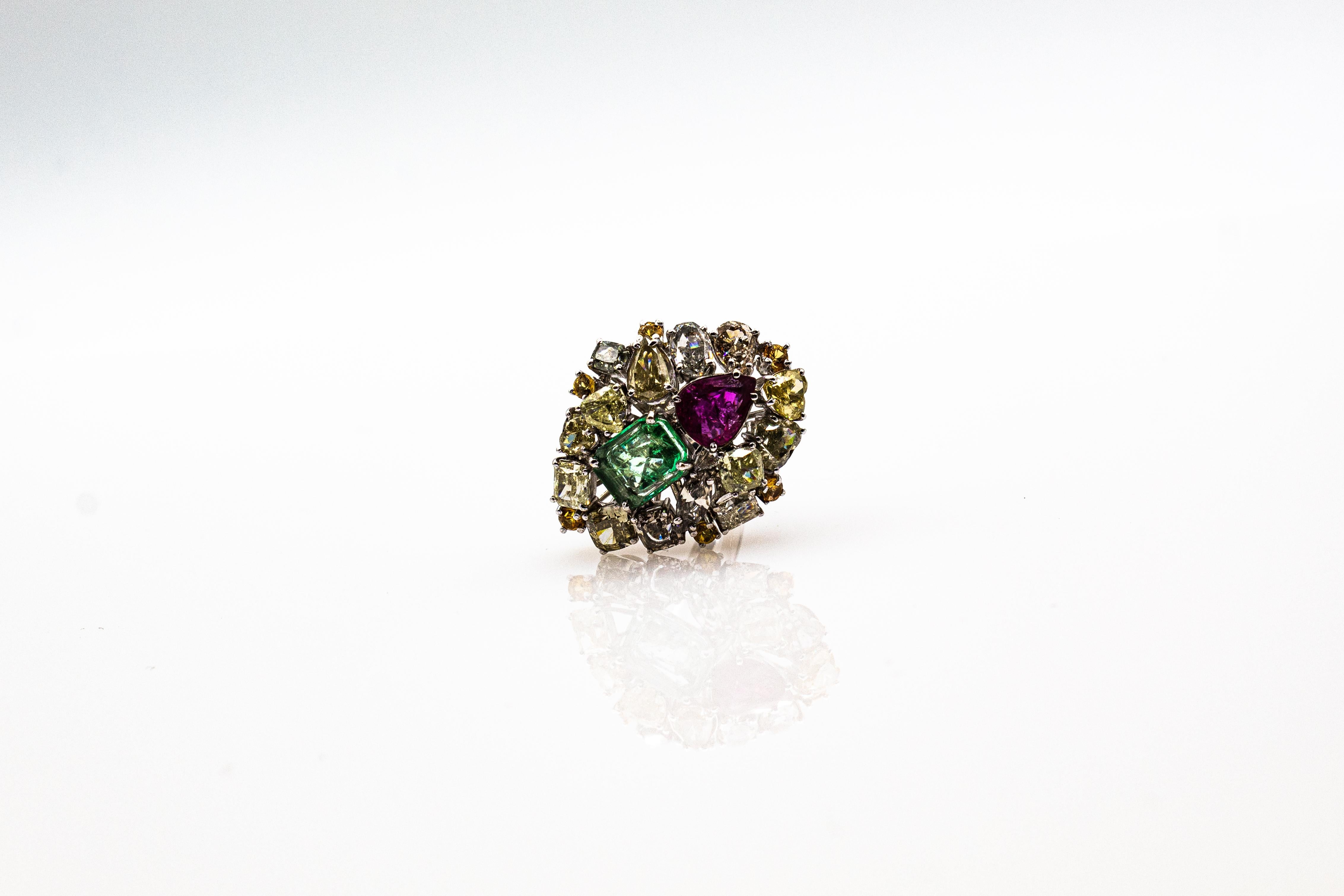 Art Deco Stil Gemischter Schliff Diamant Smaragd Birnenschliff Rubin Weißgold Cocktail Ring im Angebot 7