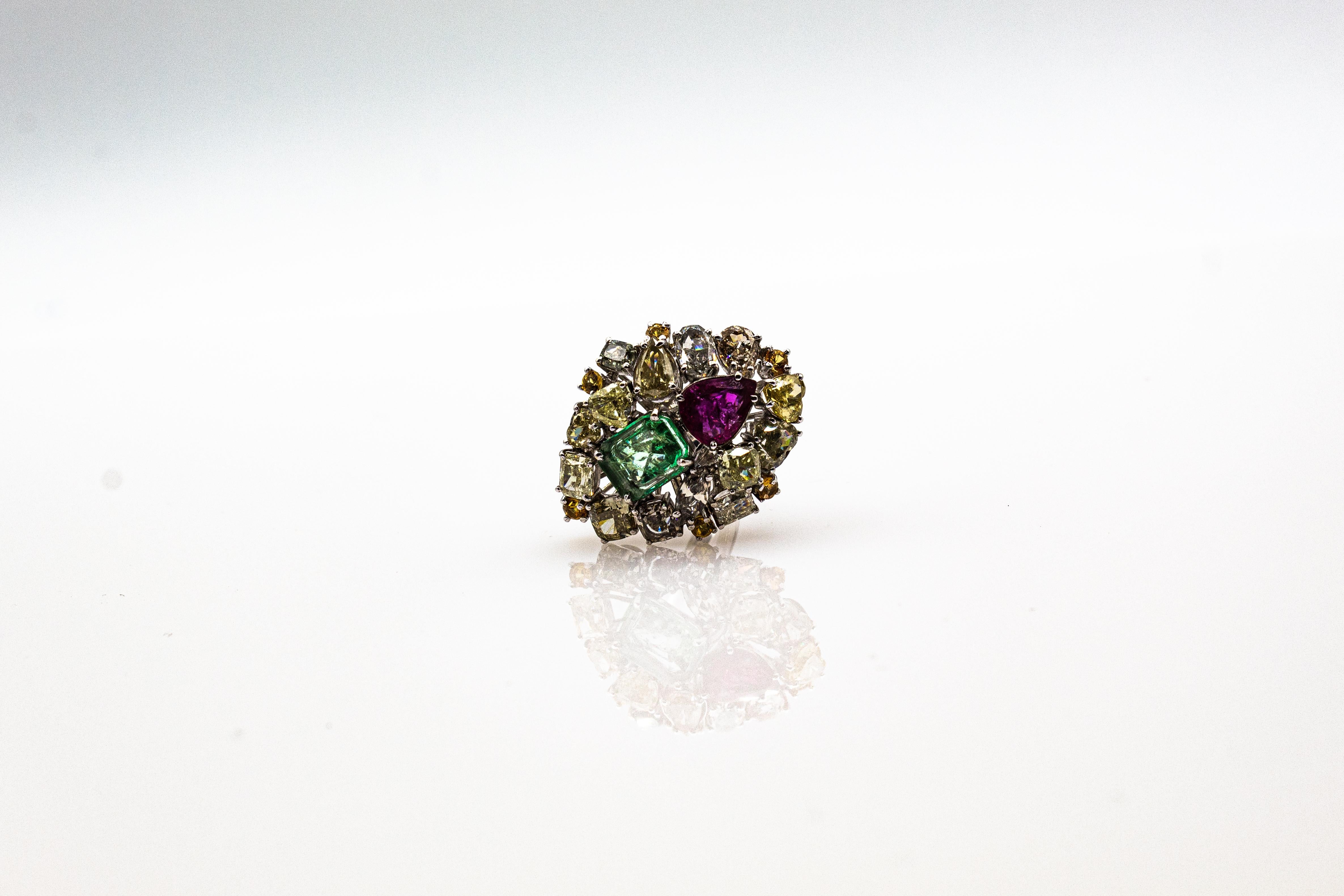 Art Deco Stil Gemischter Schliff Diamant Smaragd Birnenschliff Rubin Weißgold Cocktail Ring im Angebot 8
