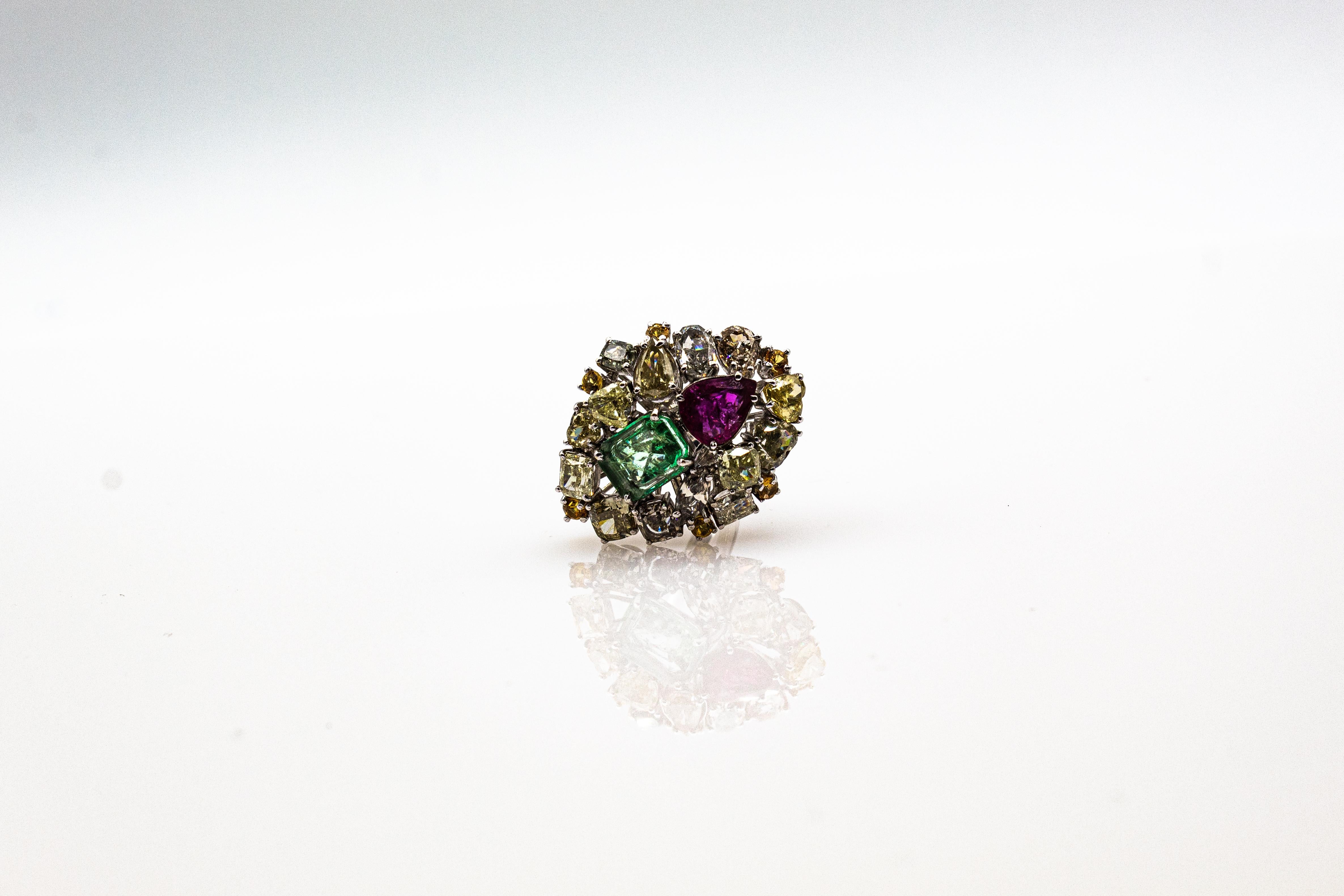 Art Deco Stil Gemischter Schliff Diamant Smaragd Birnenschliff Rubin Weißgold Cocktail Ring 8