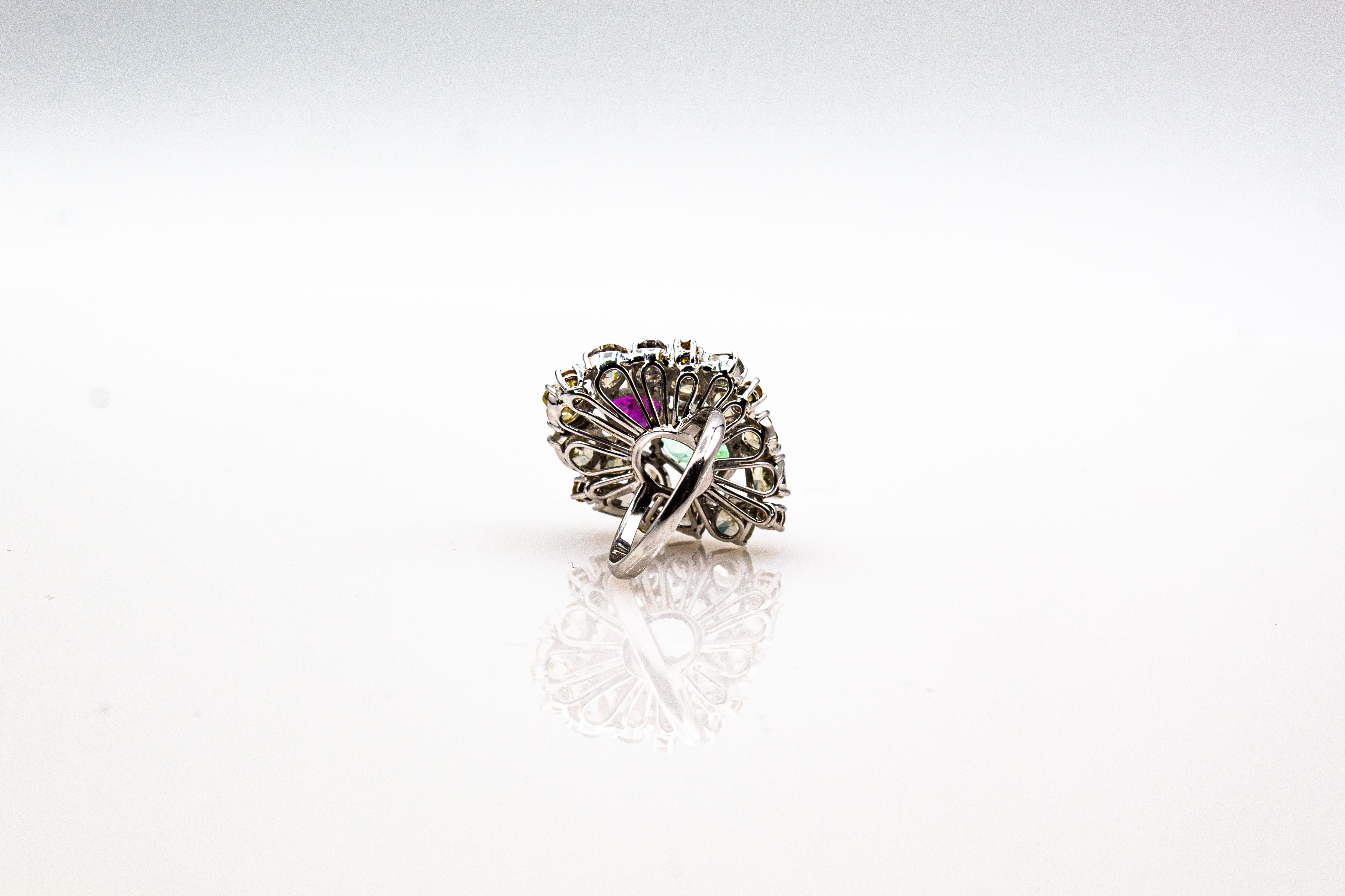 Art Deco Stil Gemischter Schliff Diamant Smaragd Birnenschliff Rubin Weißgold Cocktail Ring im Angebot 9