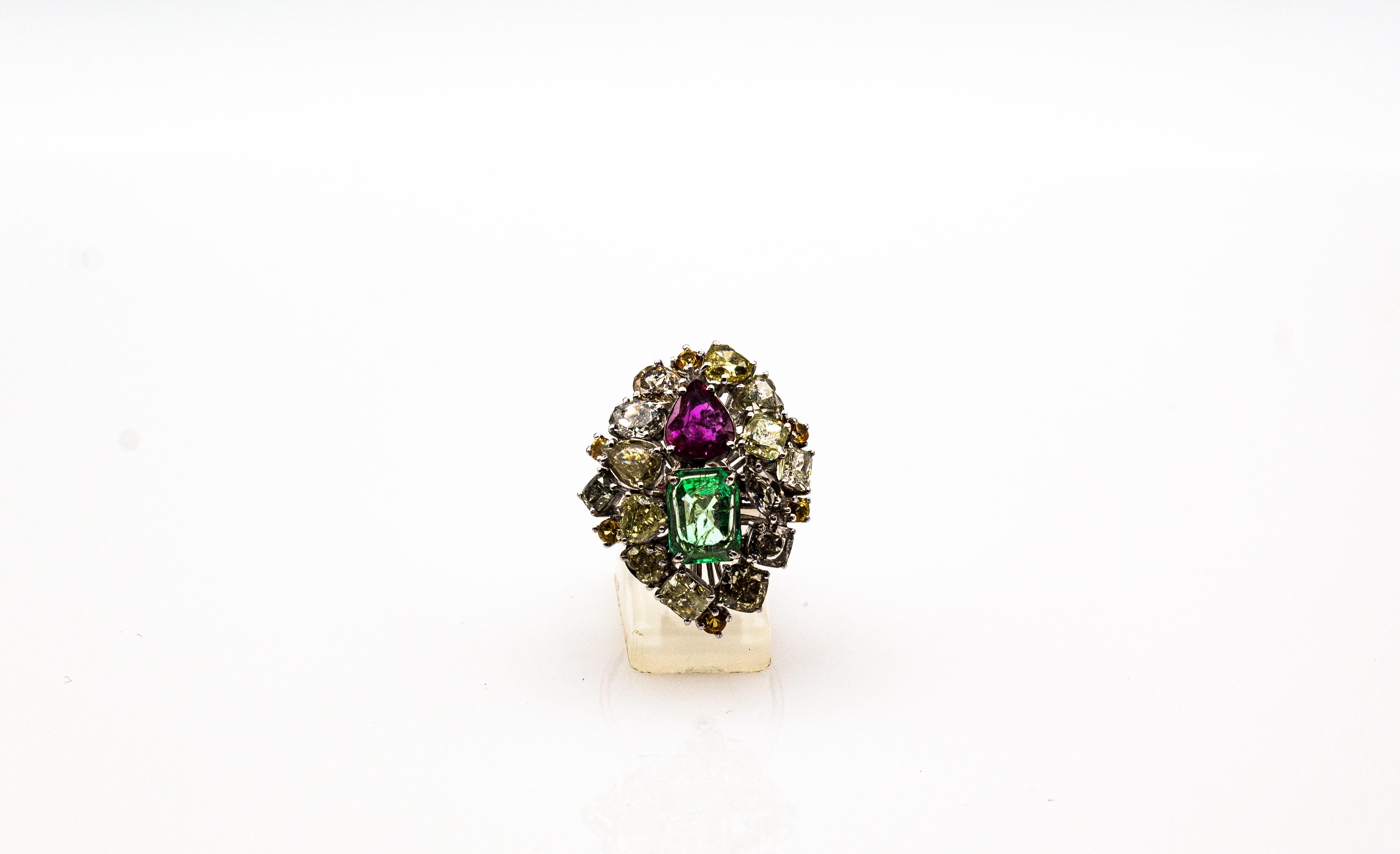 Art Deco Stil Gemischter Schliff Diamant Smaragd Birnenschliff Rubin Weißgold Cocktail Ring im Angebot 10