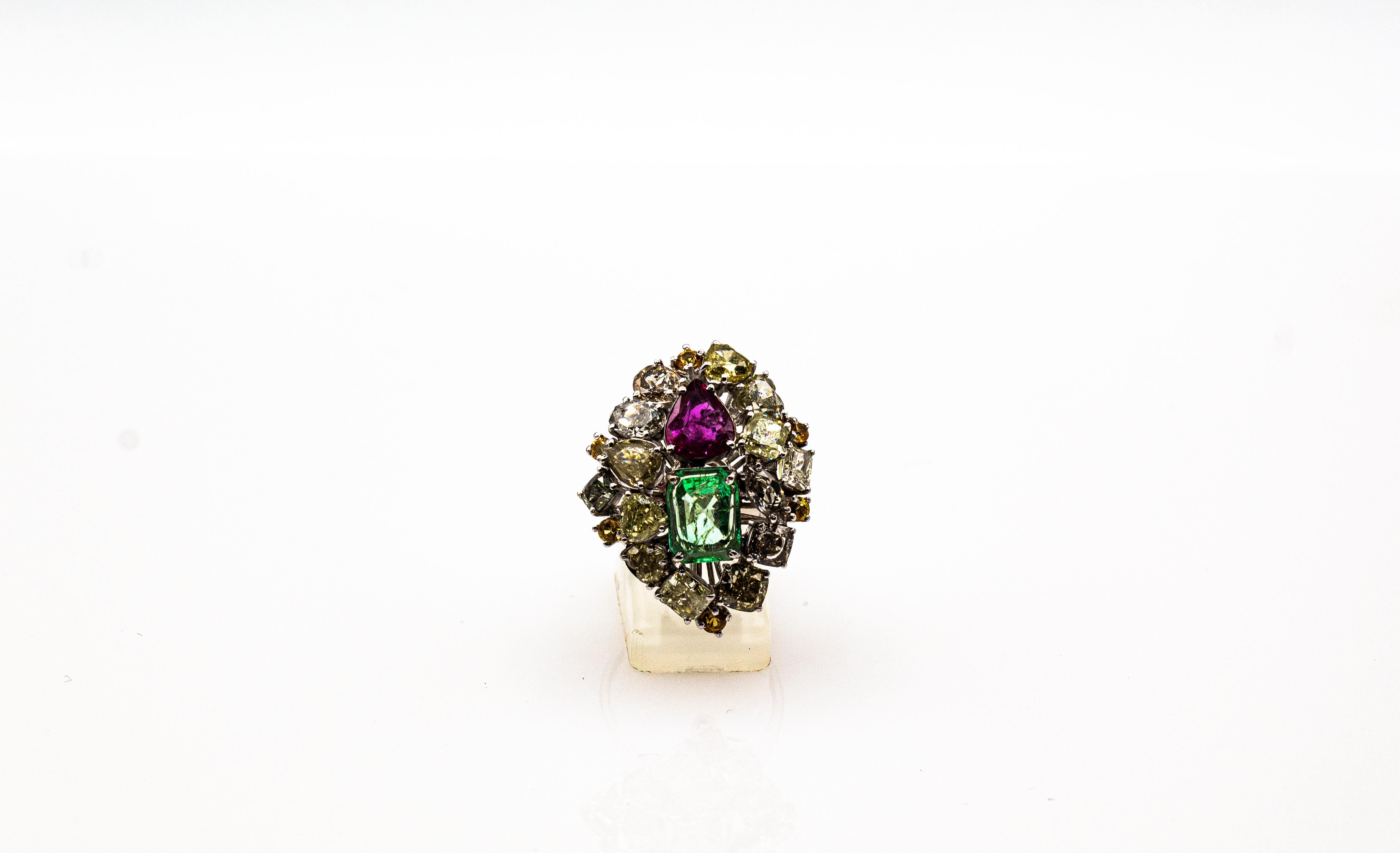 Art Deco Stil Gemischter Schliff Diamant Smaragd Birnenschliff Rubin Weißgold Cocktail Ring 10