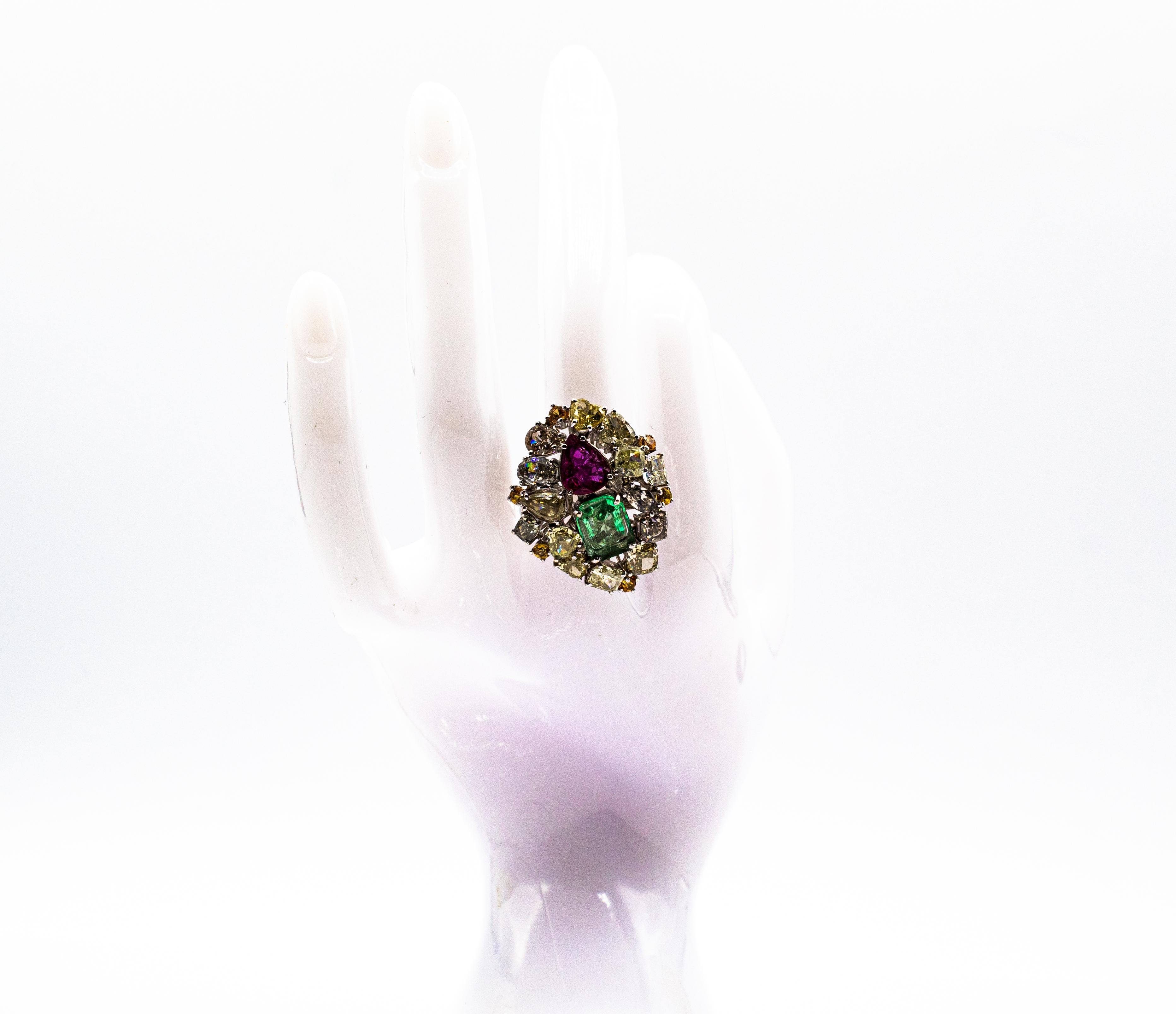 Art Deco Stil Gemischter Schliff Diamant Smaragd Birnenschliff Rubin Weißgold Cocktail Ring 11