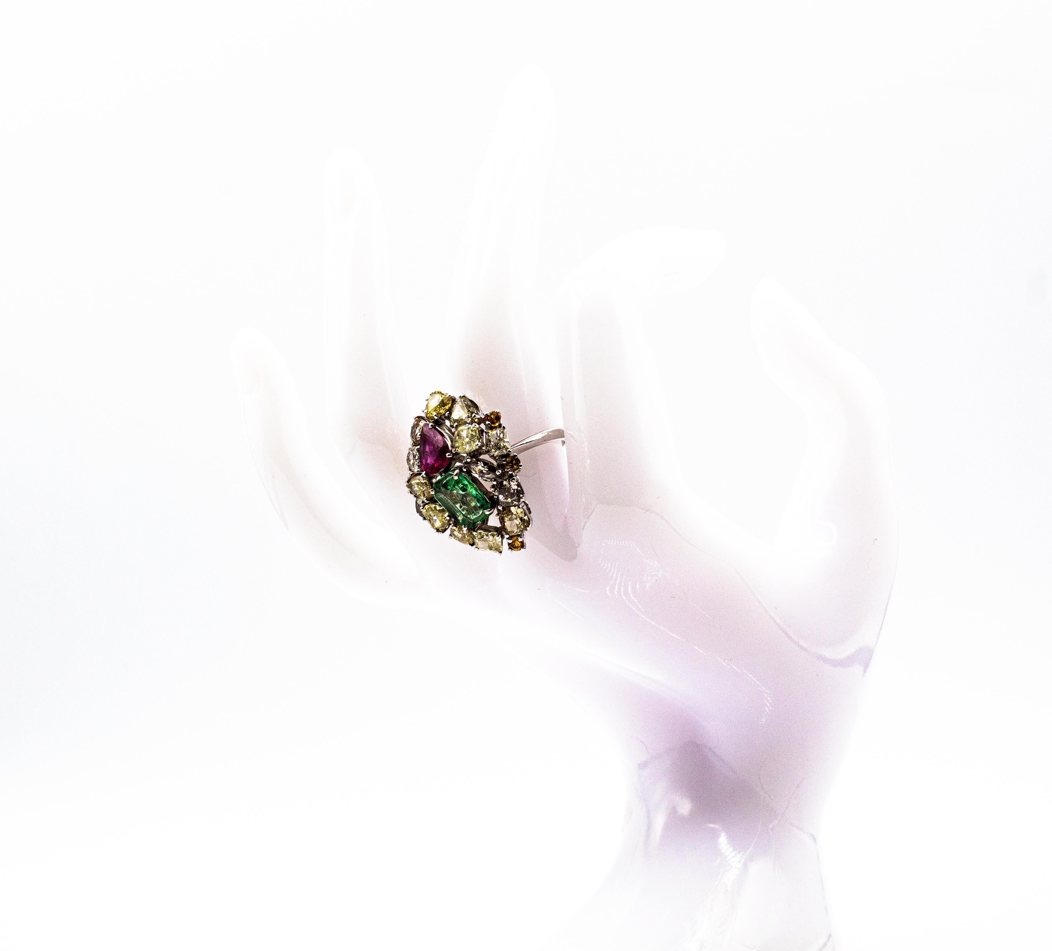 Art Deco Stil Gemischter Schliff Diamant Smaragd Birnenschliff Rubin Weißgold Cocktail Ring im Angebot 13