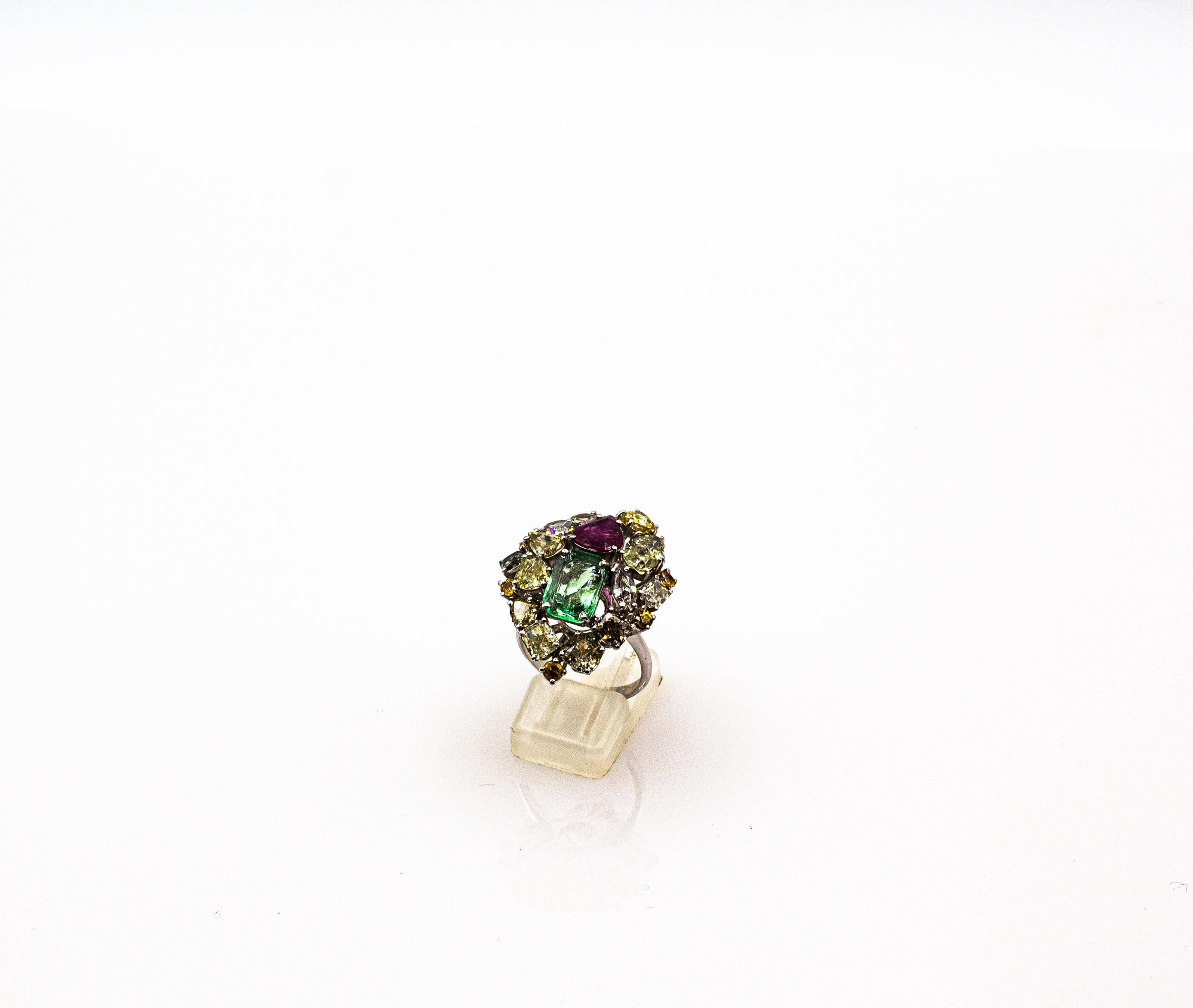 Art Deco Stil Gemischter Schliff Diamant Smaragd Birnenschliff Rubin Weißgold Cocktail Ring im Angebot 14
