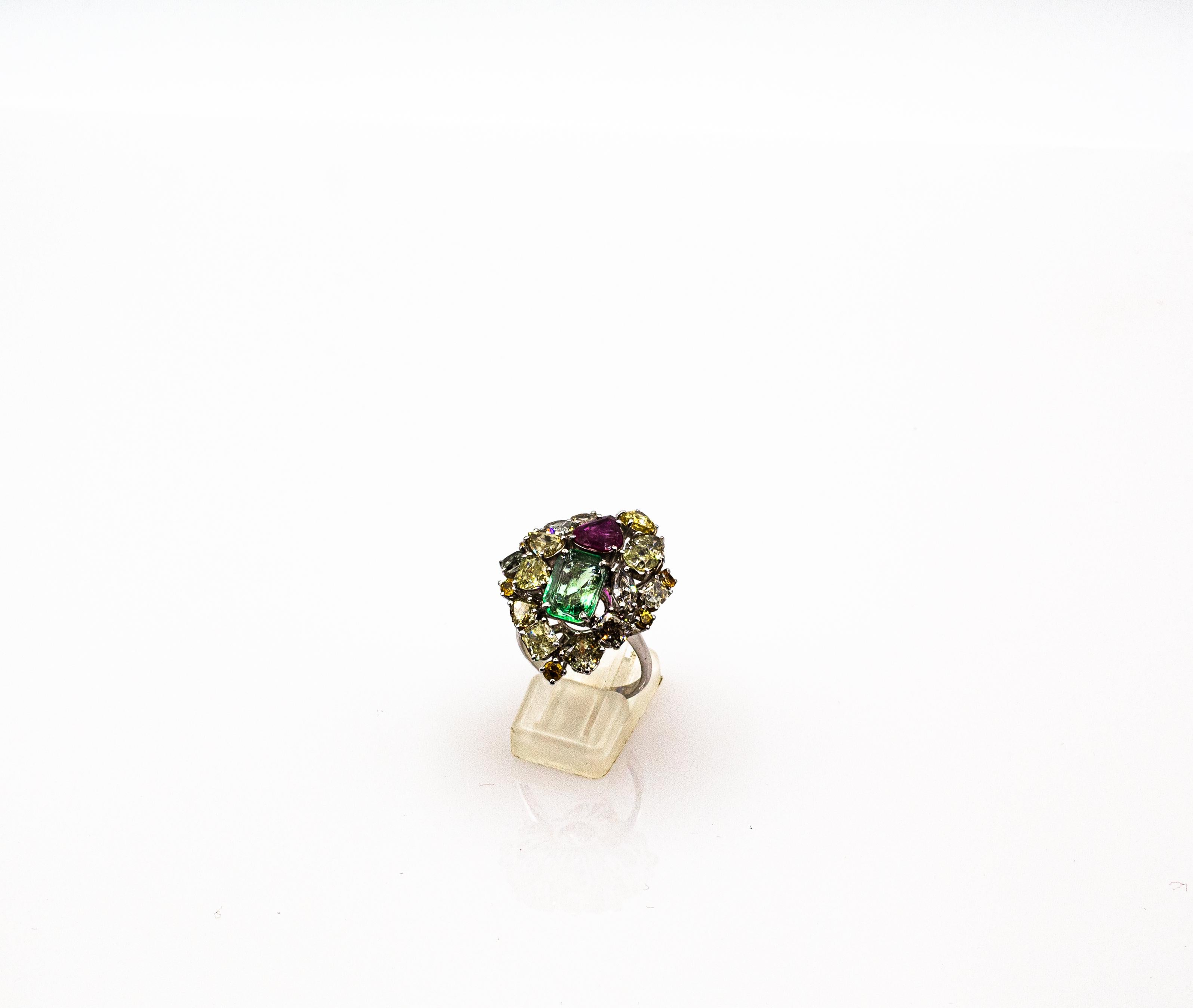 Art Deco Stil Gemischter Schliff Diamant Smaragd Birnenschliff Rubin Weißgold Cocktail Ring 14