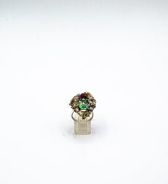 Art Deco Style Mixed Cut Diamond Emerald Pear Cut Ruby White Gold Cocktail Ring
