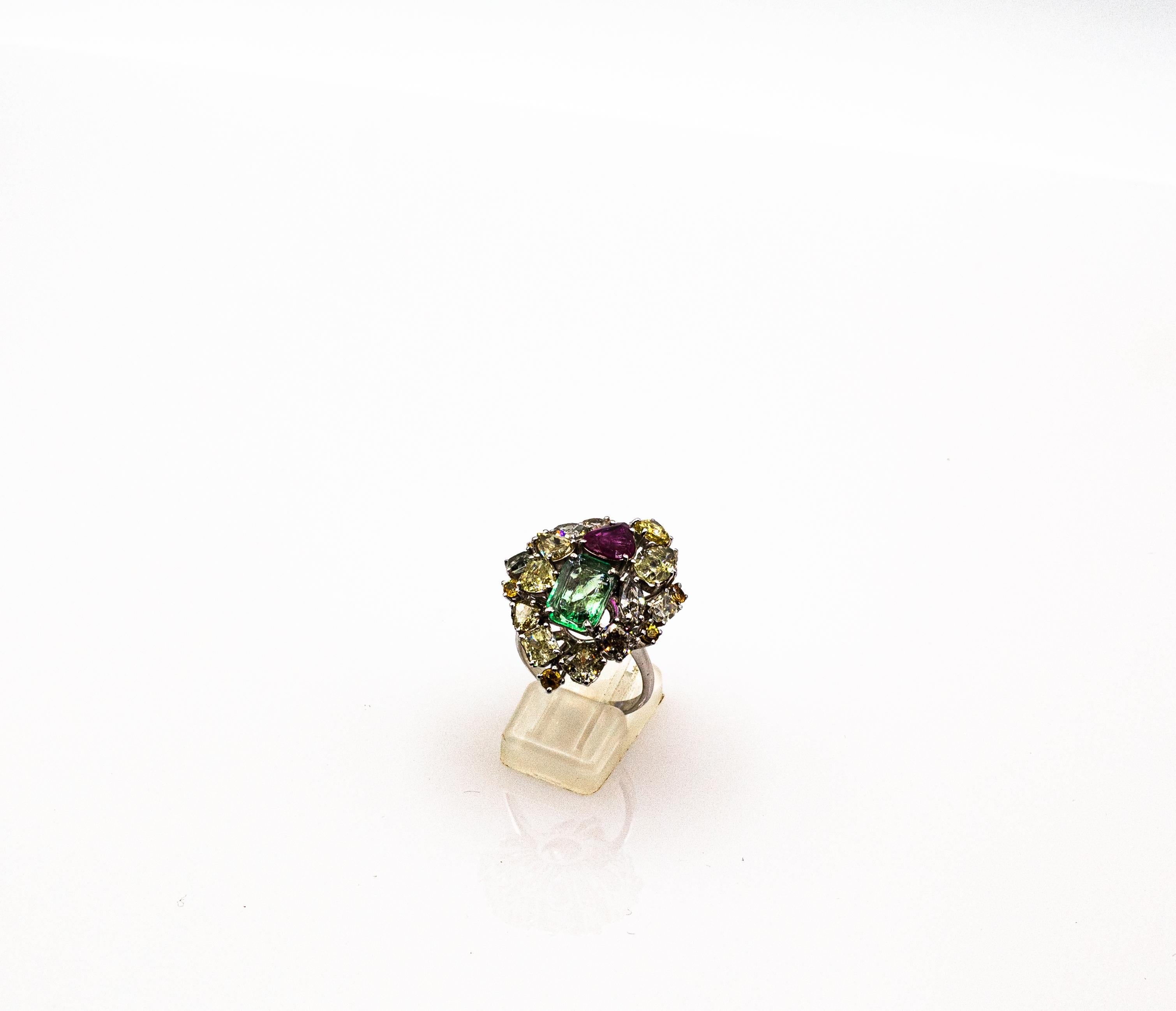 Art Deco Stil Gemischter Schliff Diamant Smaragd Birnenschliff Rubin Weißgold Cocktail Ring im Angebot 15