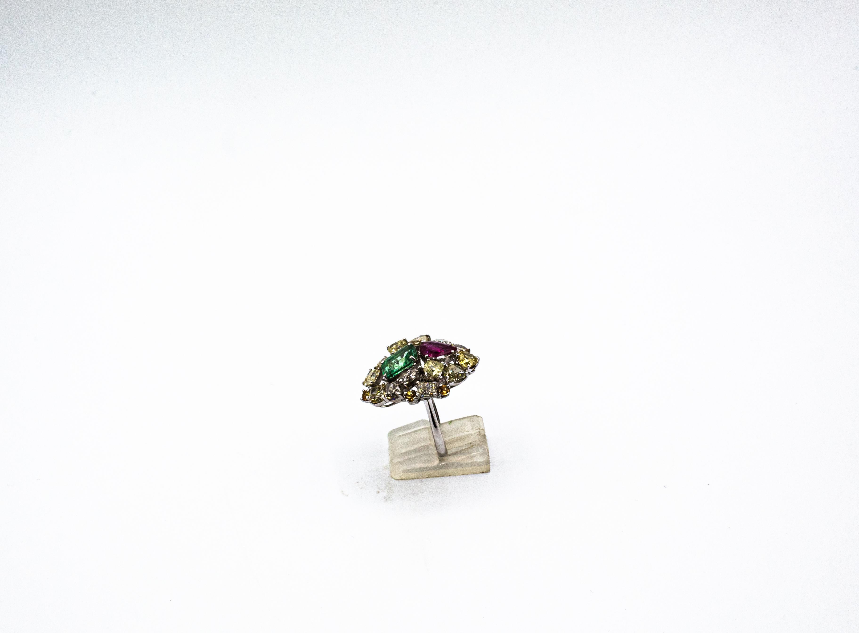 Art Deco Stil Gemischter Schliff Diamant Smaragd Birnenschliff Rubin Weißgold Cocktail Ring 1