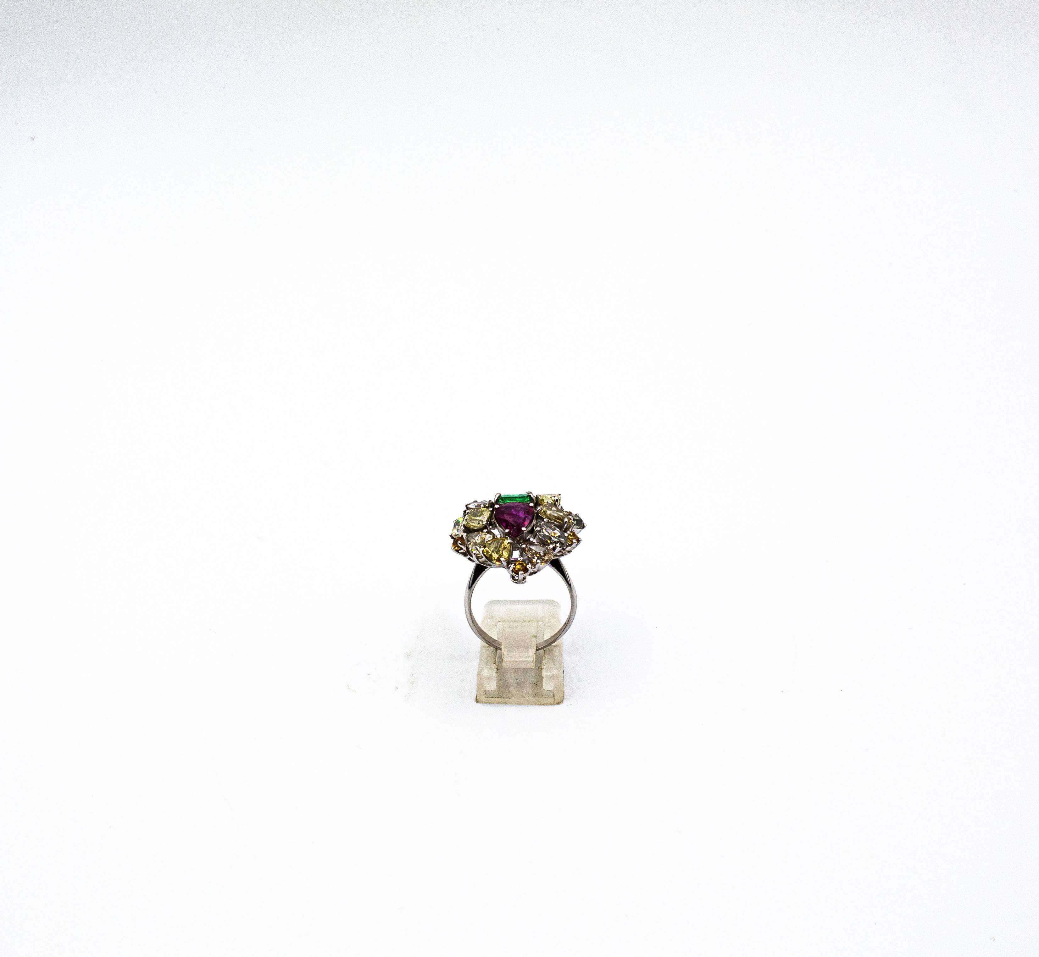 Art Deco Stil Gemischter Schliff Diamant Smaragd Birnenschliff Rubin Weißgold Cocktail Ring im Angebot 2