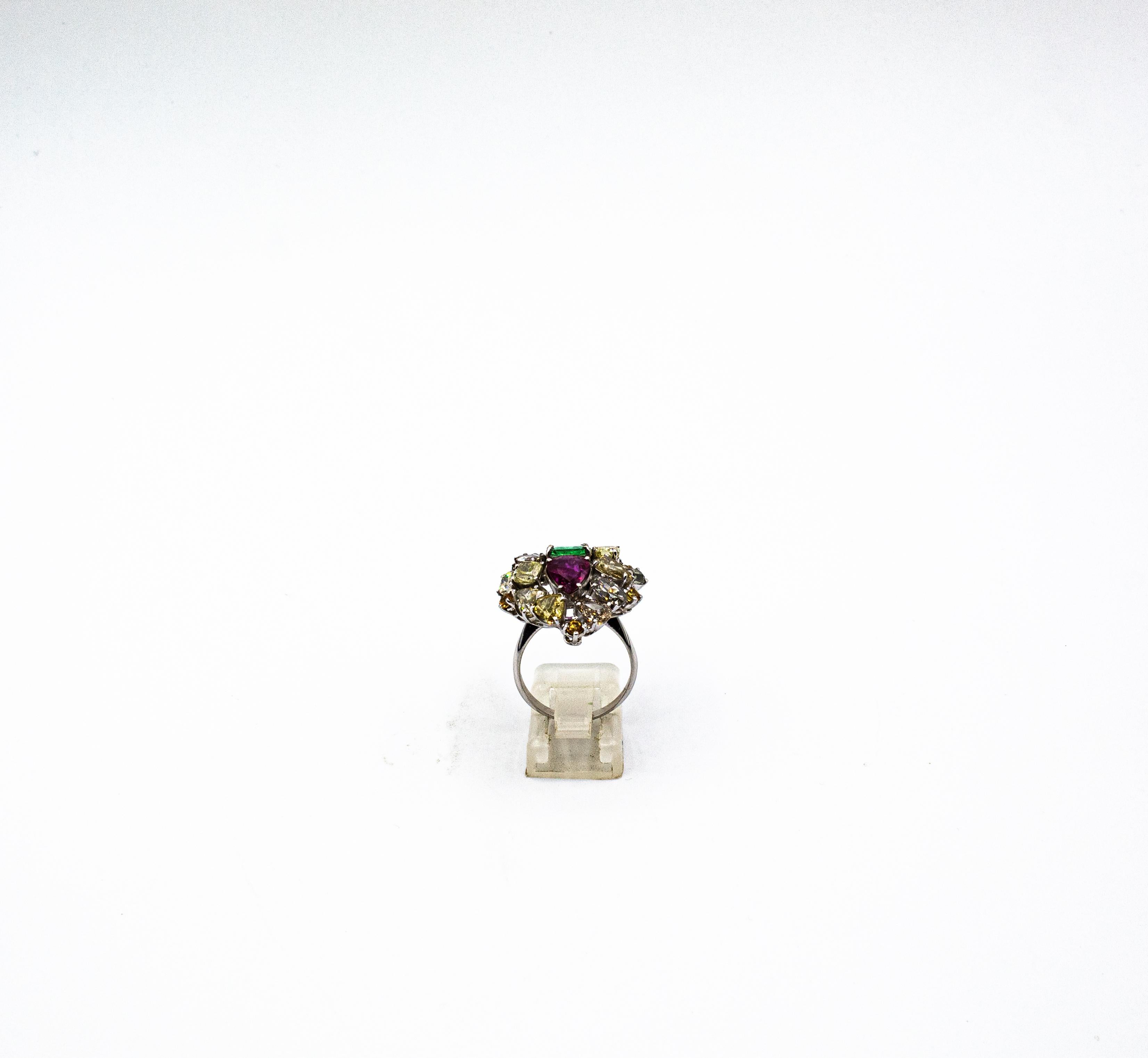Art Deco Stil Gemischter Schliff Diamant Smaragd Birnenschliff Rubin Weißgold Cocktail Ring 2