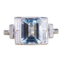 Art Deco Style Modern Aquamarine and Diamond Geometric Ring in Platinum