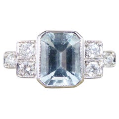 Art Deco Style Modern Aquamarine Ring with Diamonds in Platinum