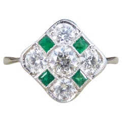 Art Deco Style Modern Emerald and Diamond Kite Chequerboard Ring in Platinum