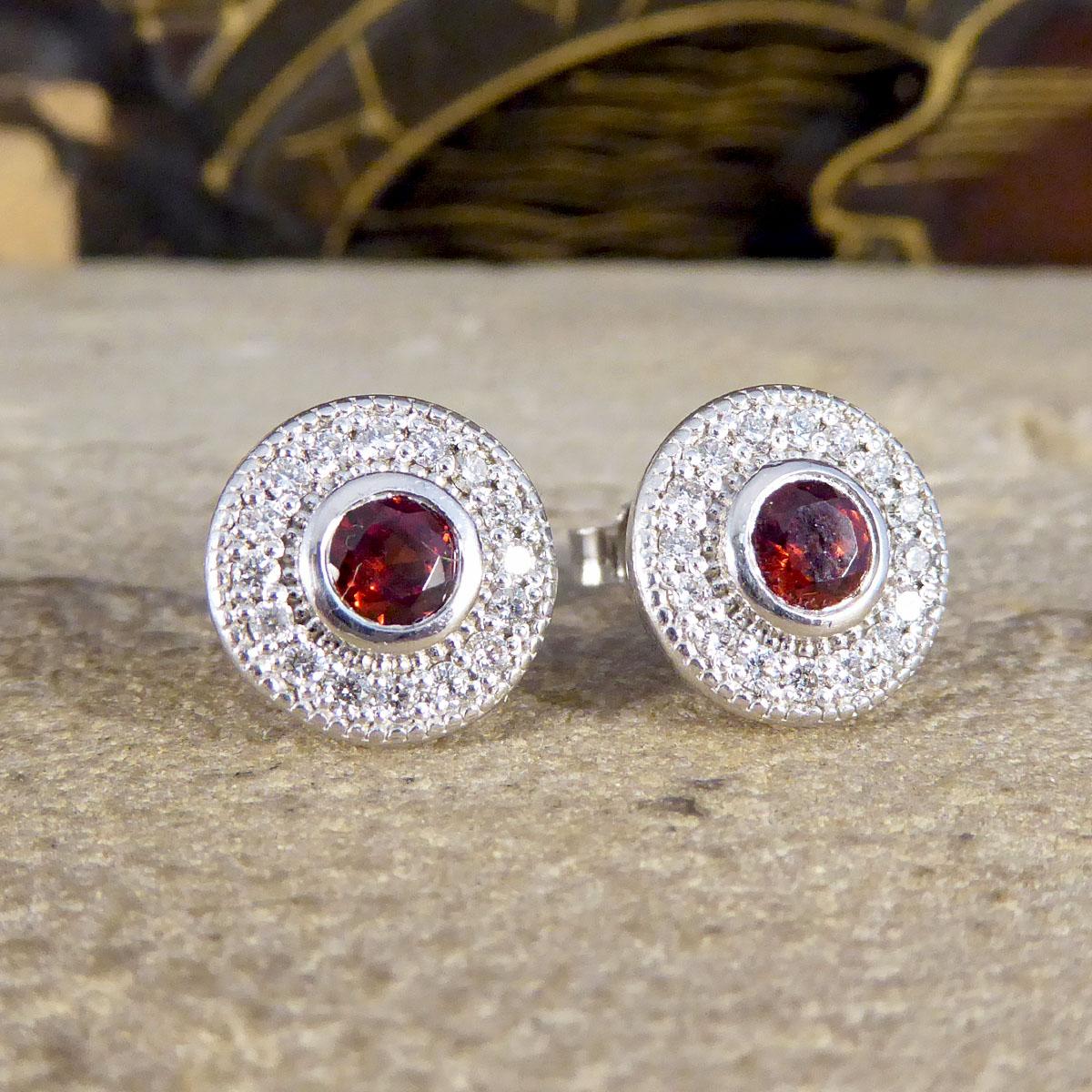 Round Cut Art Deco Style Modern Garnet and Diamond Cluster Earrings in 9 Carat White Gold
