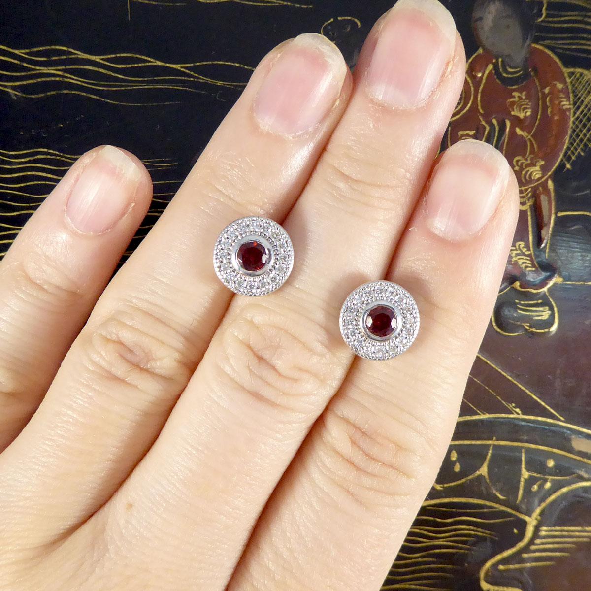 Art Deco Style Modern Garnet and Diamond Cluster Earrings in 9 Carat White Gold 3