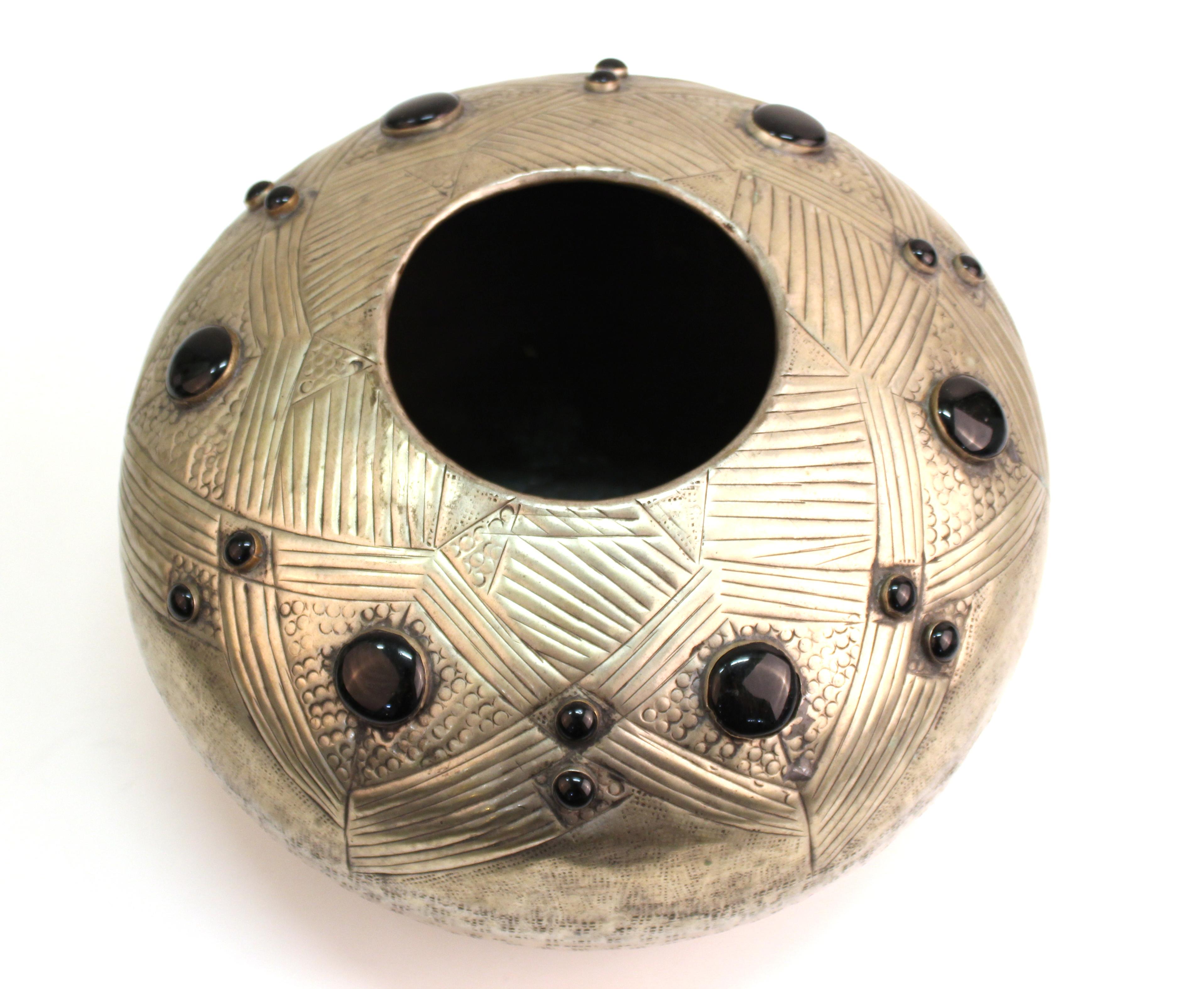 Art Deco Style Modern Hammered Metal Vessel with Faux Cabochon Inserts In Good Condition In New York, NY