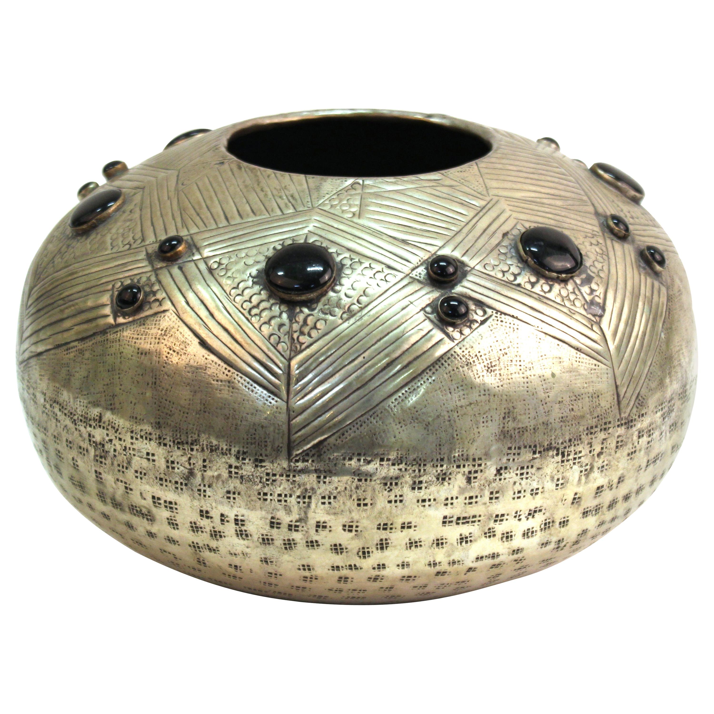 Art Deco Style Modern Hammered Metal Vessel with Faux Cabochon Inserts