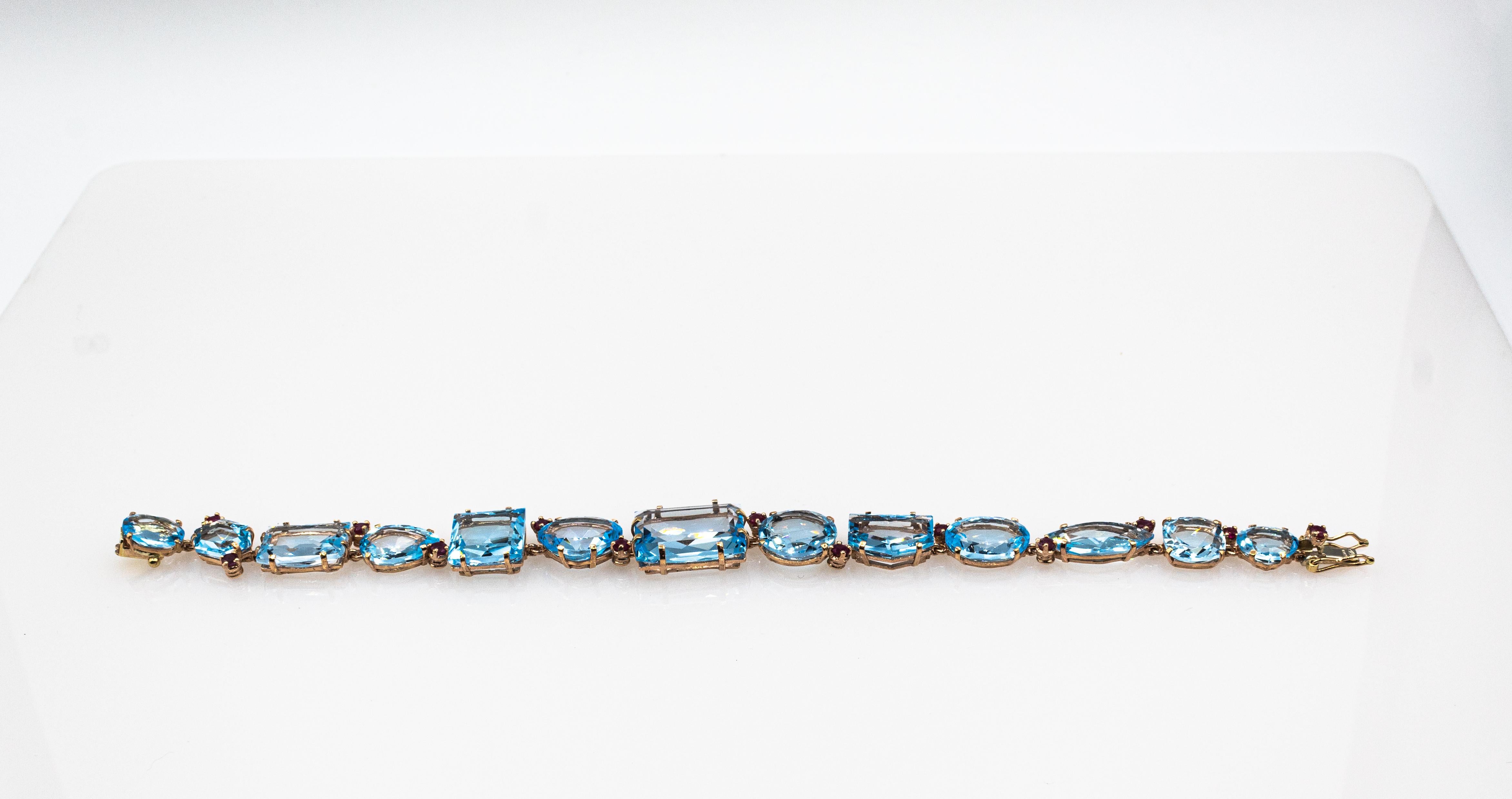 Art Deco Style Modern Round Cut Ruby Mixed Cut Blue Topaz Yellow Gold Bracelet (Art déco) im Angebot