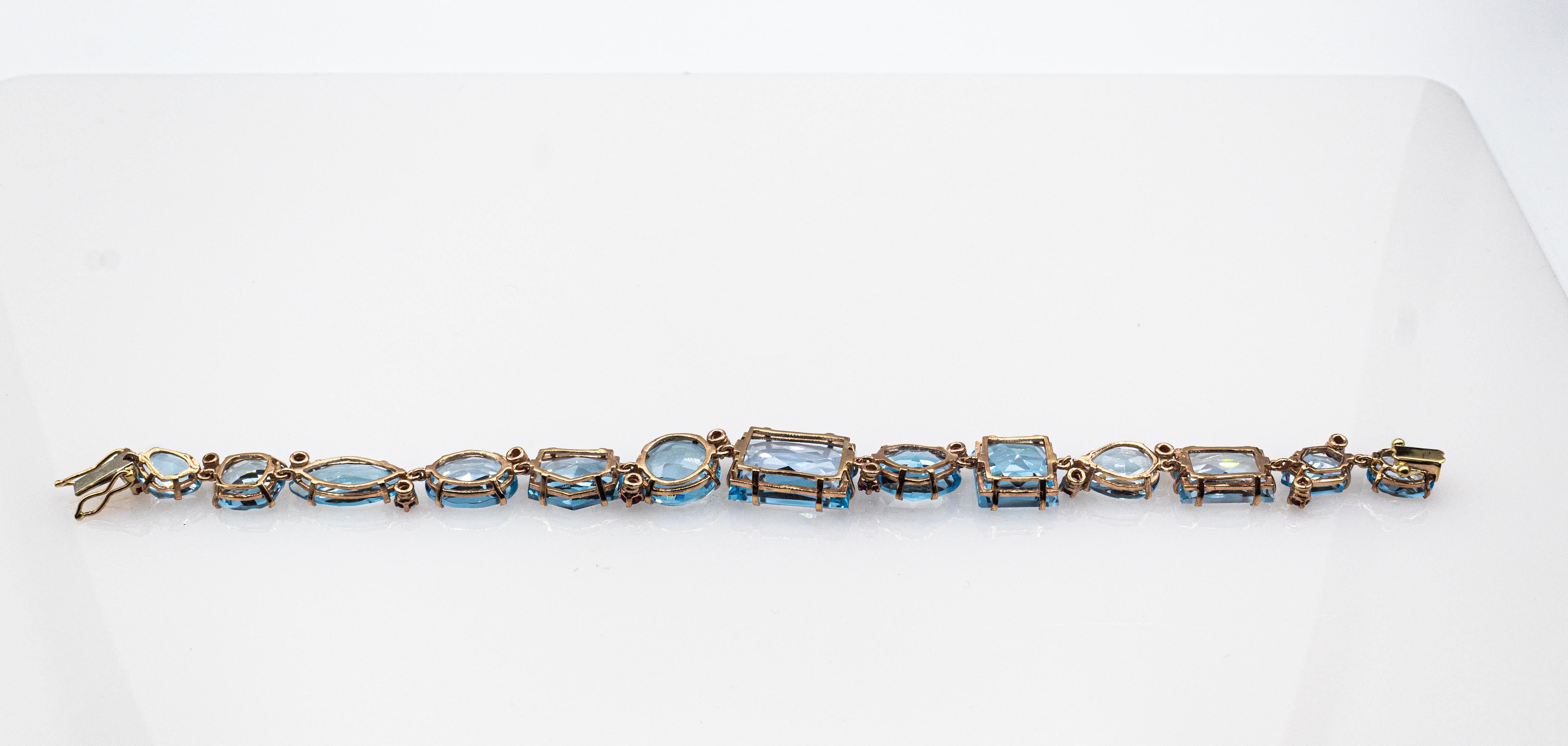 Art Deco Style Modern Round Cut Ruby Mixed Cut Blue Topaz Yellow Gold Bracelet (Rundschliff) im Angebot