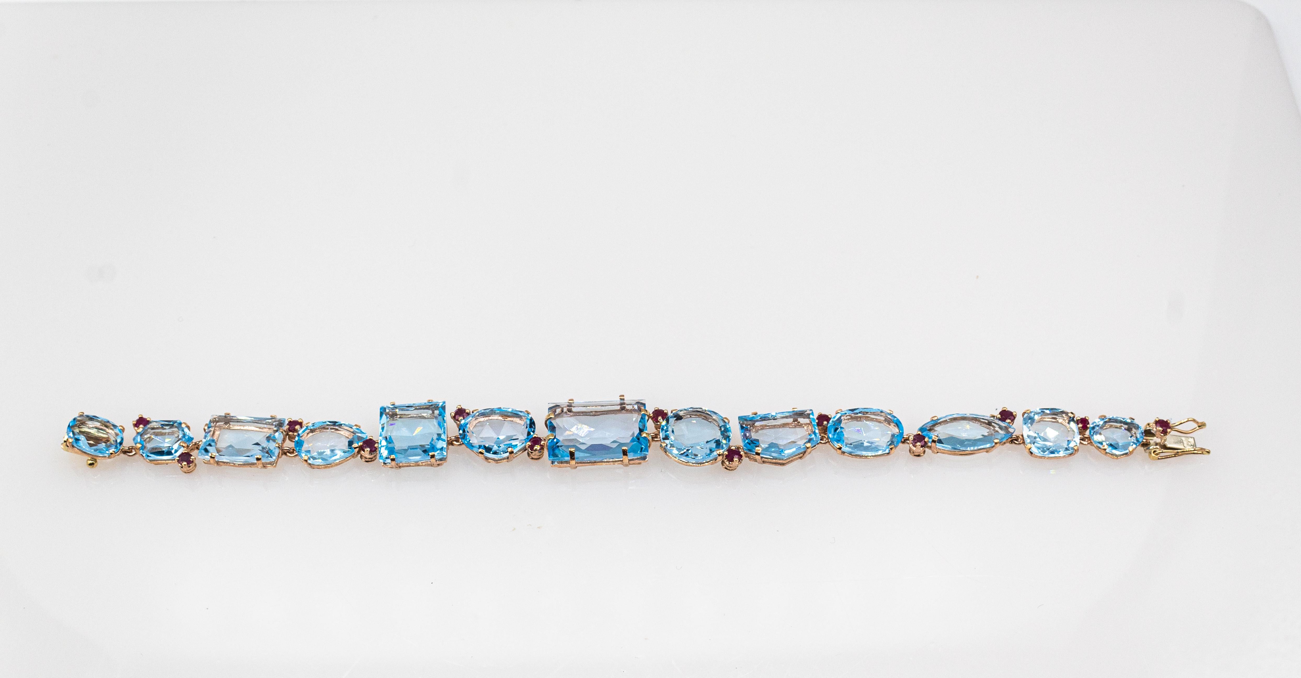 Art Deco Style Modern Round Cut Ruby Mixed Cut Blue Topaz Yellow Gold Bracelet For Sale 1