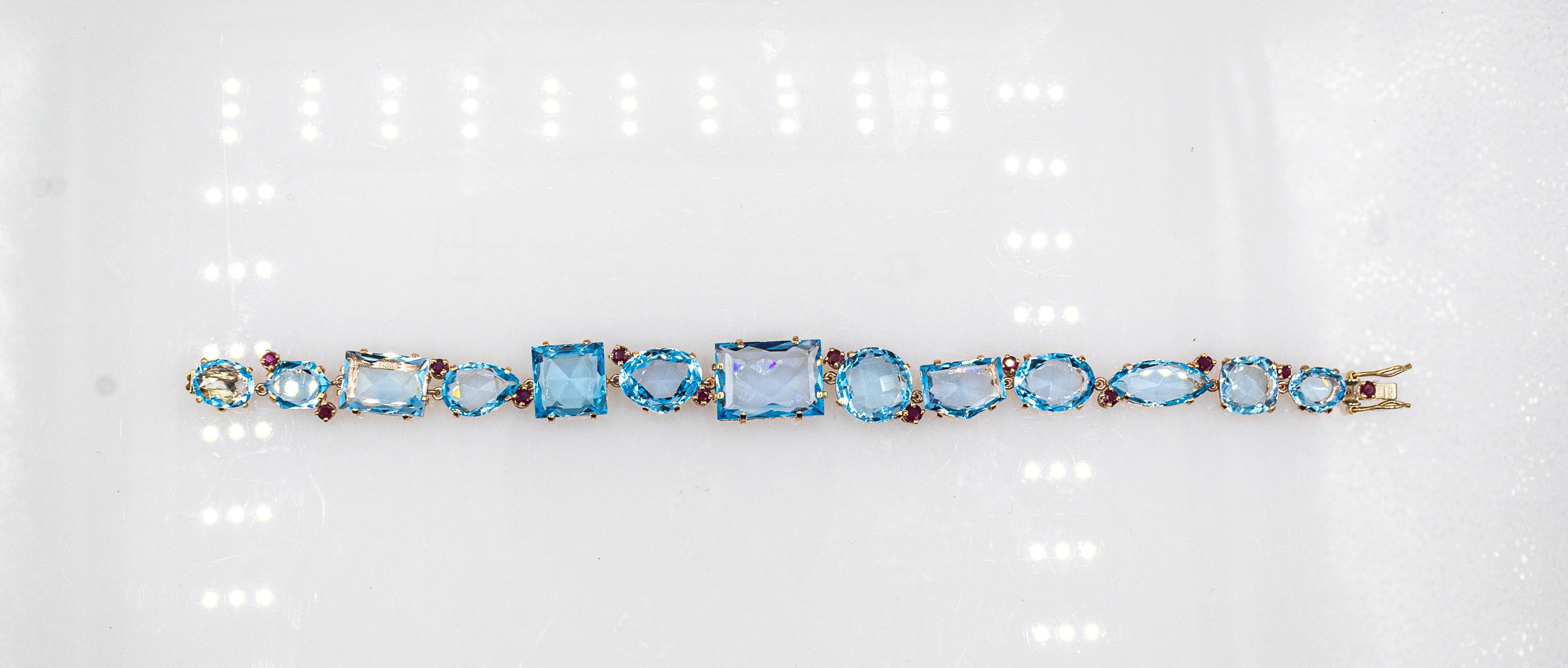 Art Deco Style Modern Round Cut Ruby Mixed Cut Blue Topaz Yellow Gold Bracelet For Sale 2
