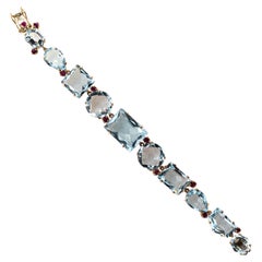 Pulsera Moderna de Oro Amarillo Estilo Art Déco Rubí Redondo Tallado Mixto Topacio Azul