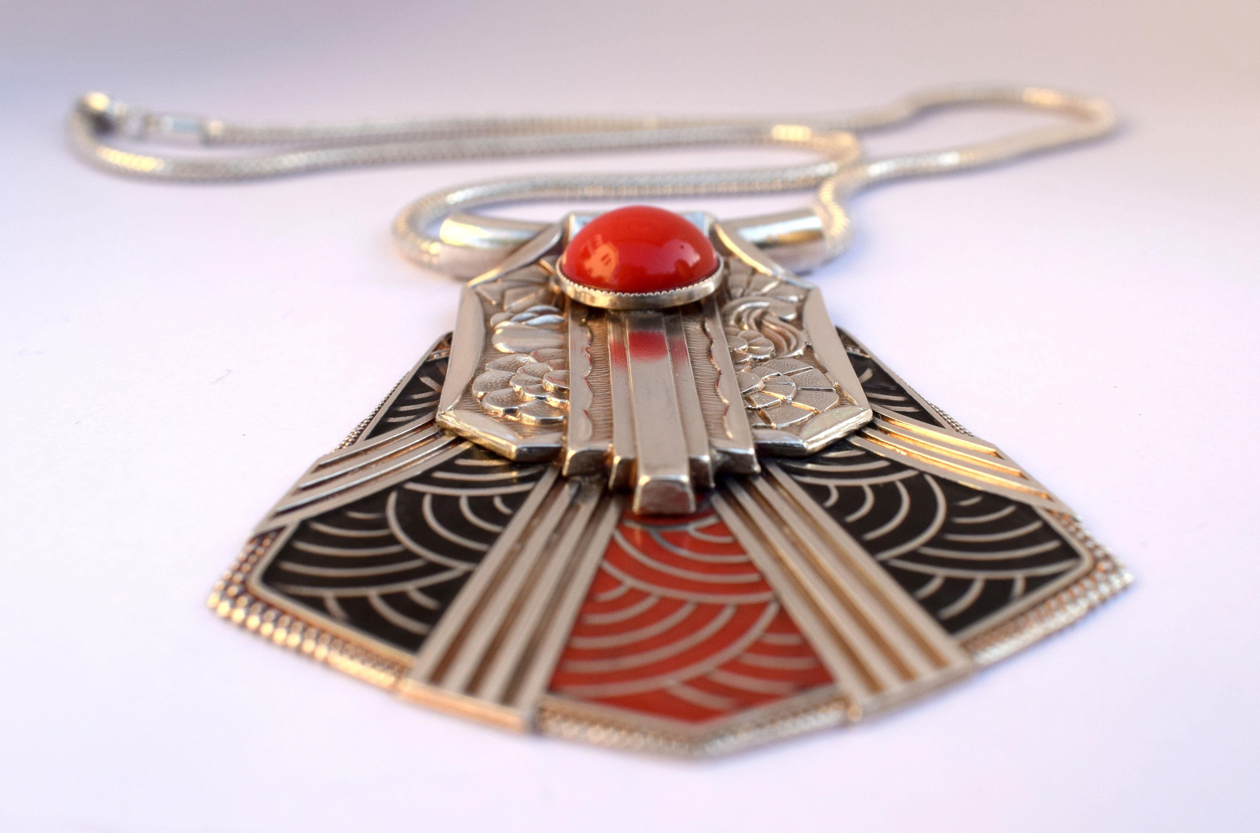 Women's Art Deco Style Modernist Silver Plated and Enamel Necklace For Sale