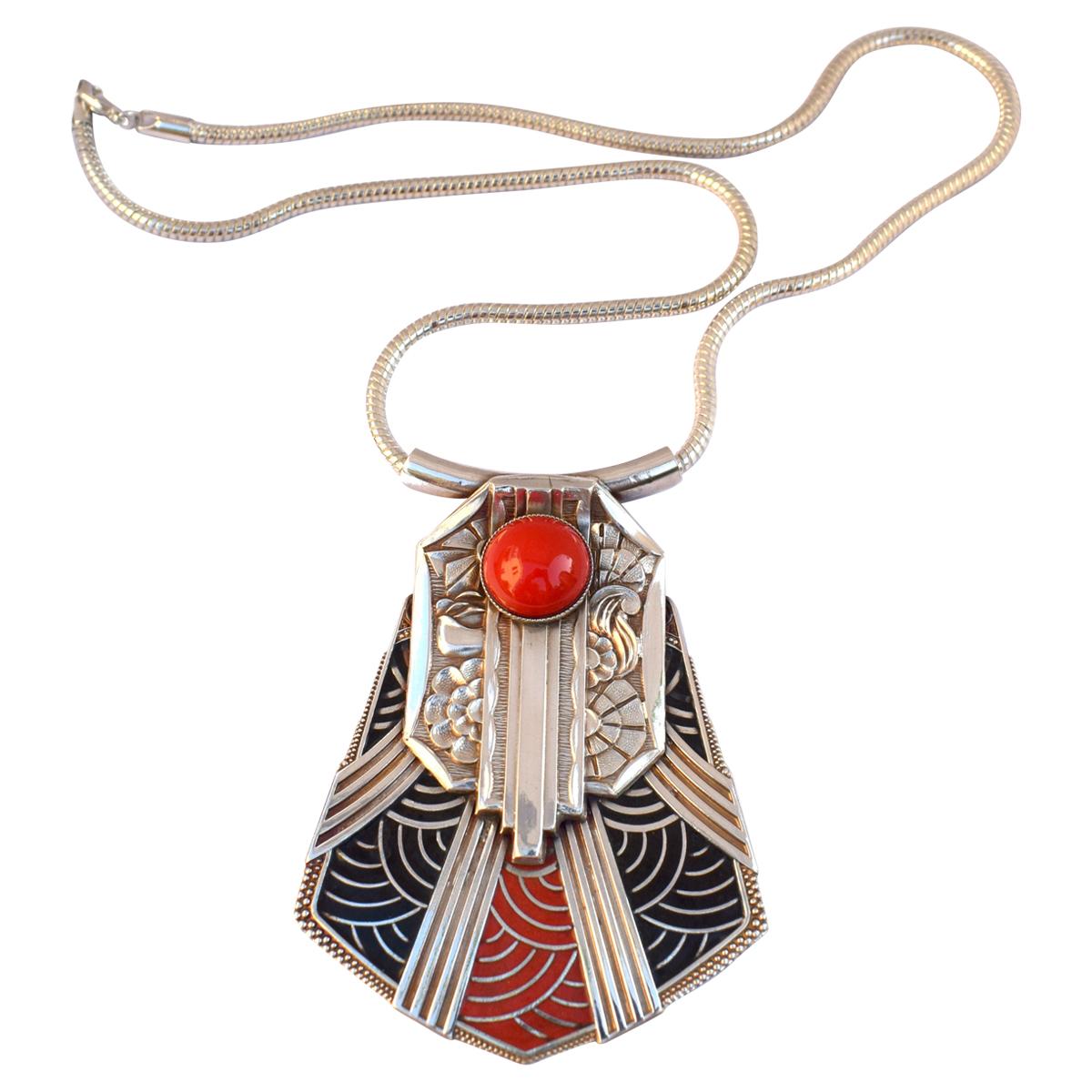 Art Deco Style Modernist Silver Plated and Enamel Necklace For Sale