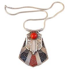 Retro Art Deco Style Modernist Silver Plated and Enamel Necklace