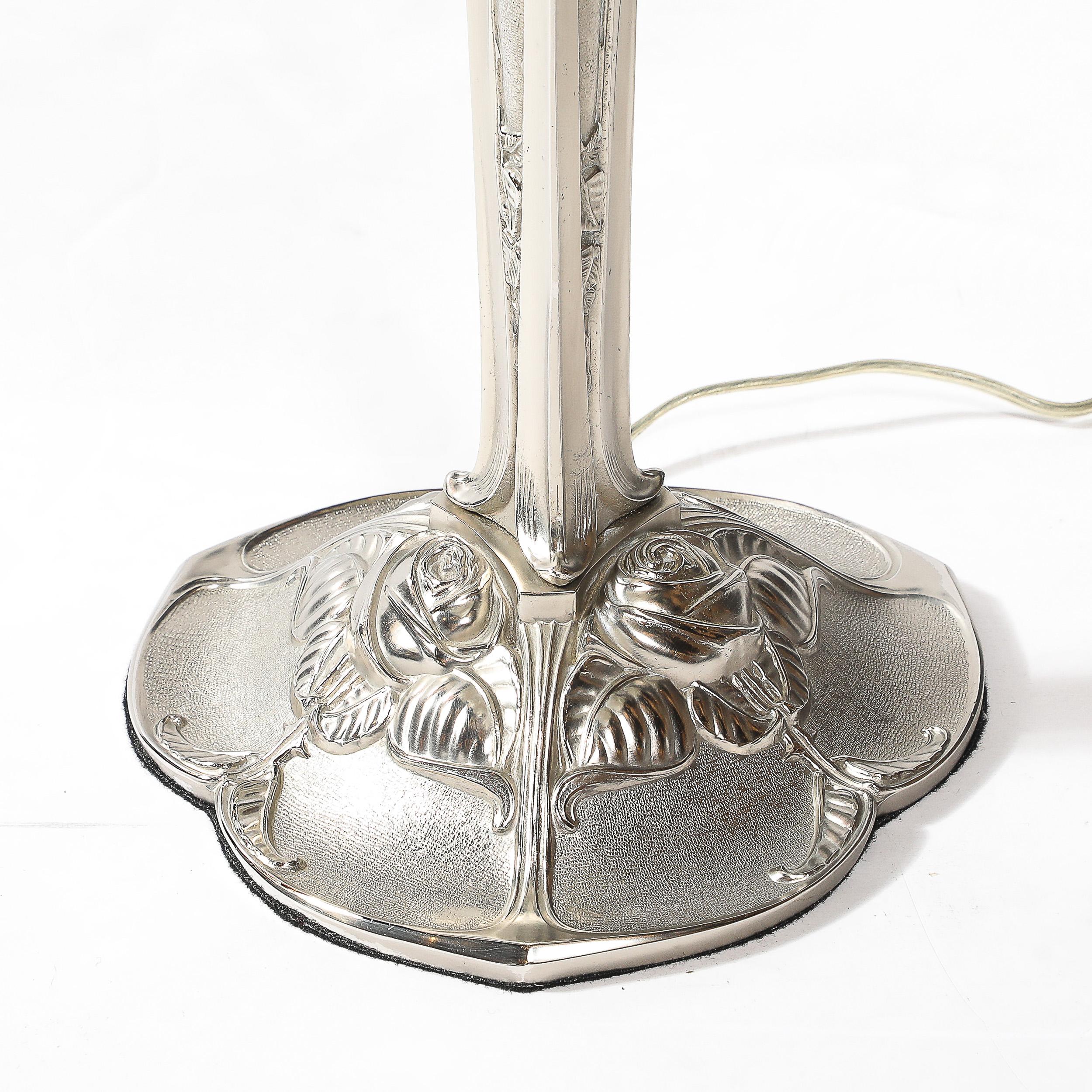 French Art Deco Style Molded & Frosted Glass Table Lamp w/ Silvered Bronze Base For Sale