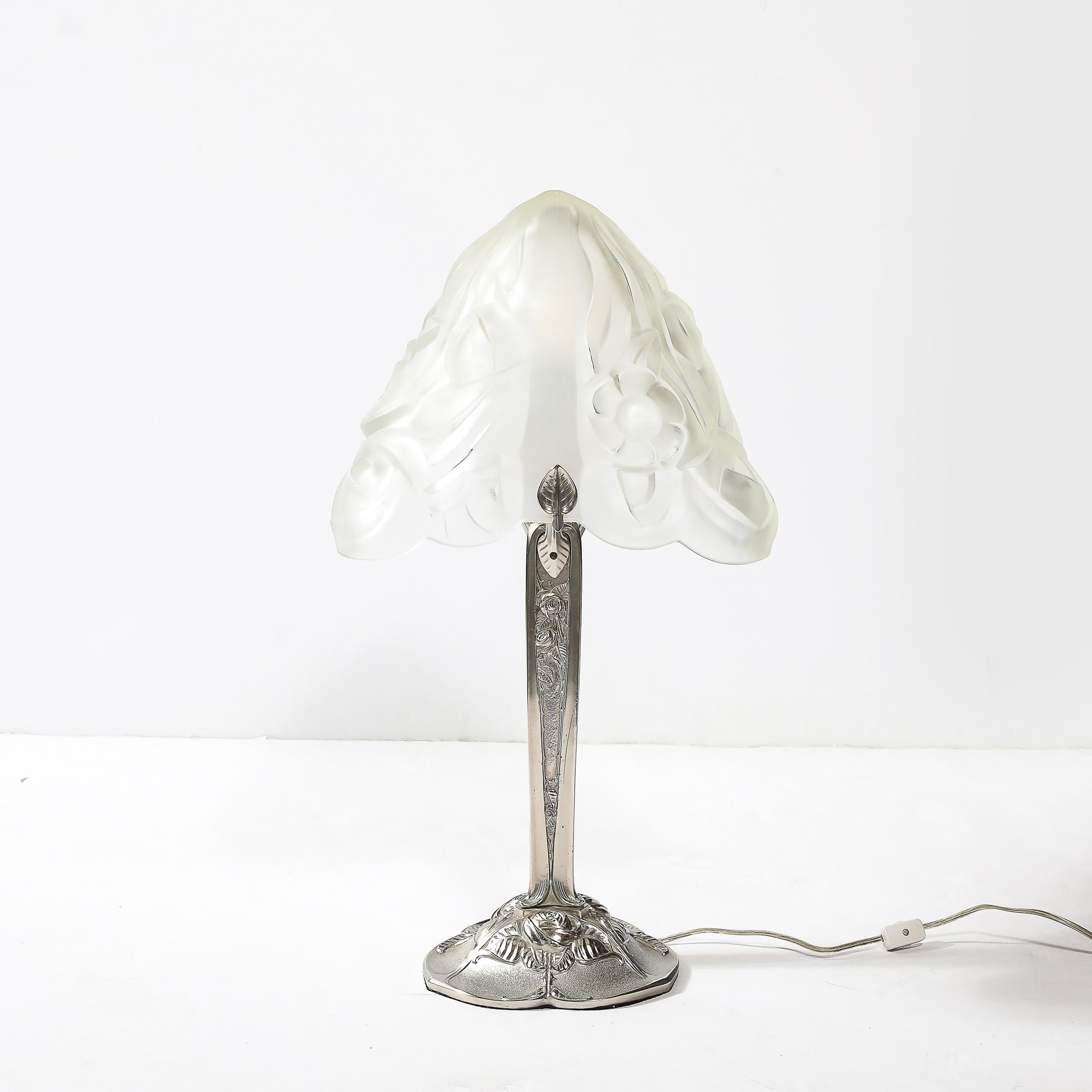 Art Deco Style Molded & Frosted Glass Table Lamp w/ Silvered Bronze Base For Sale 2