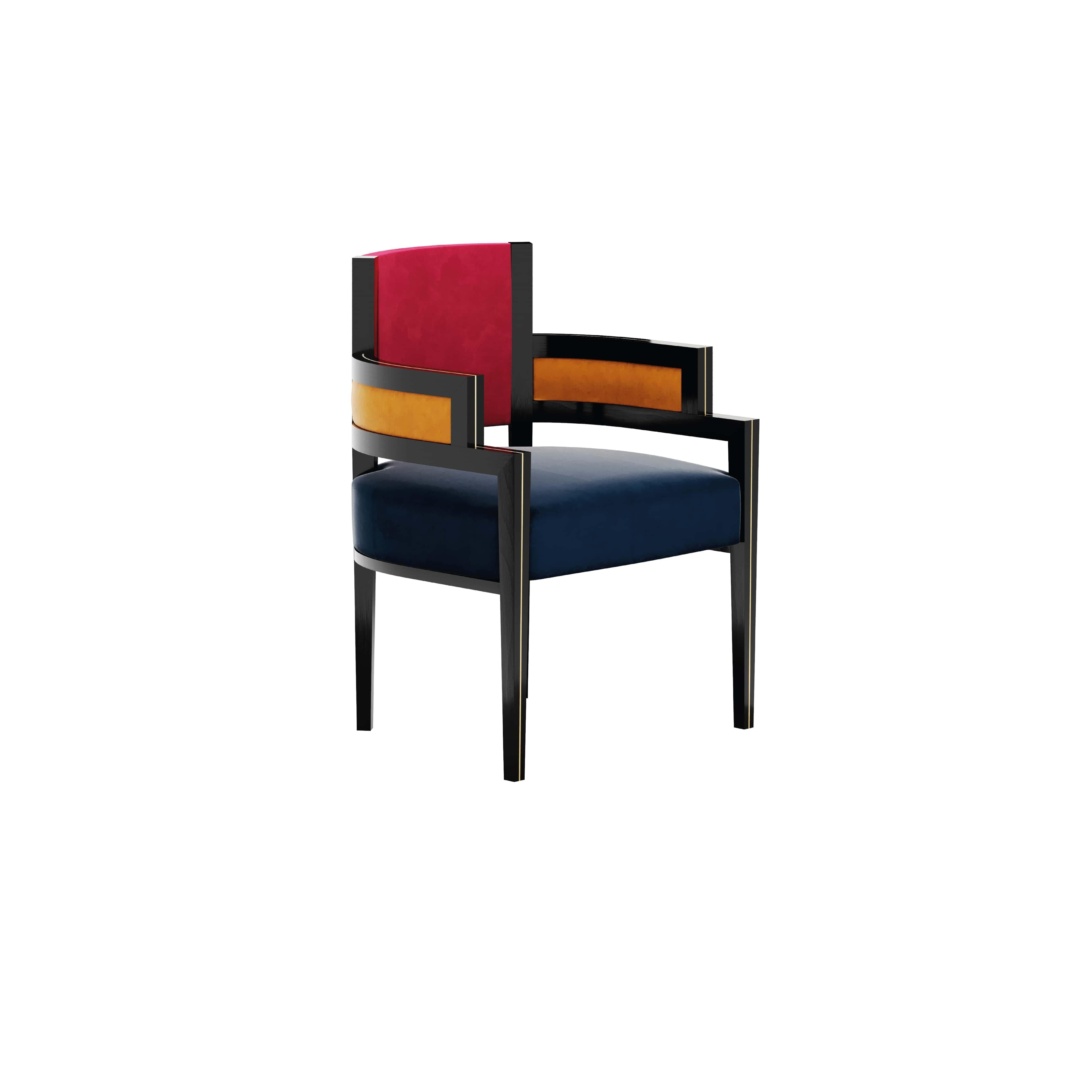 Pina chair mondrian is a high-end chair upholstered in red, blue, and yellow.
This simple yet sophisticated chair, Pina vhair mondrian, is a brilliant tribute to one of the pioneers of abstract expressionis, Piet Mondrian. The streamlined structure