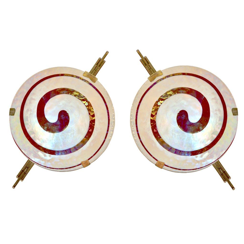 Art Deco Style Monumental Pair of Dark Red Ivory White Murano Glass Wall Lights For Sale 5