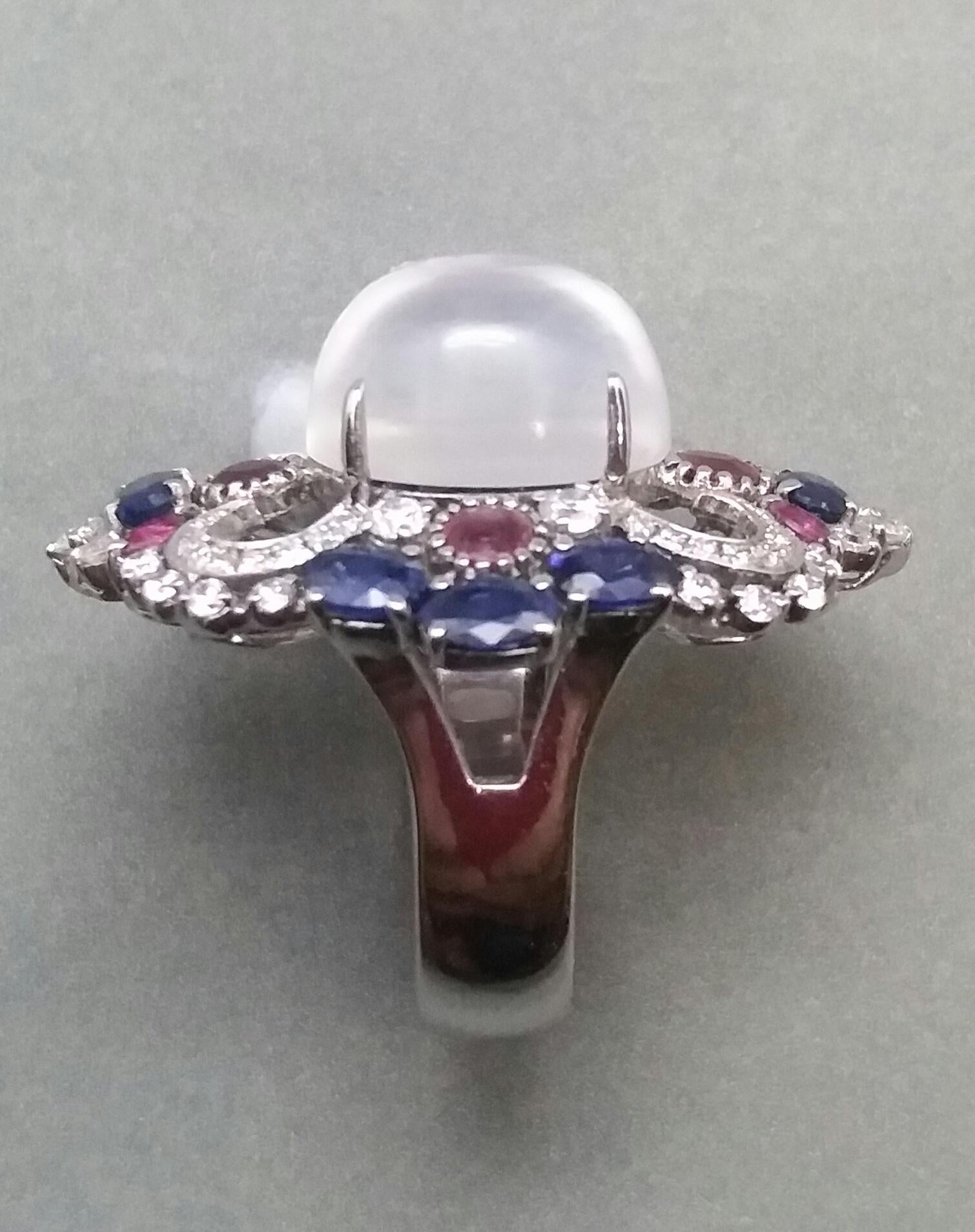 Art Deco Style Moonstone Blue Sapphires Rubies Diamonds White Gold Cocktail Ring For Sale 5