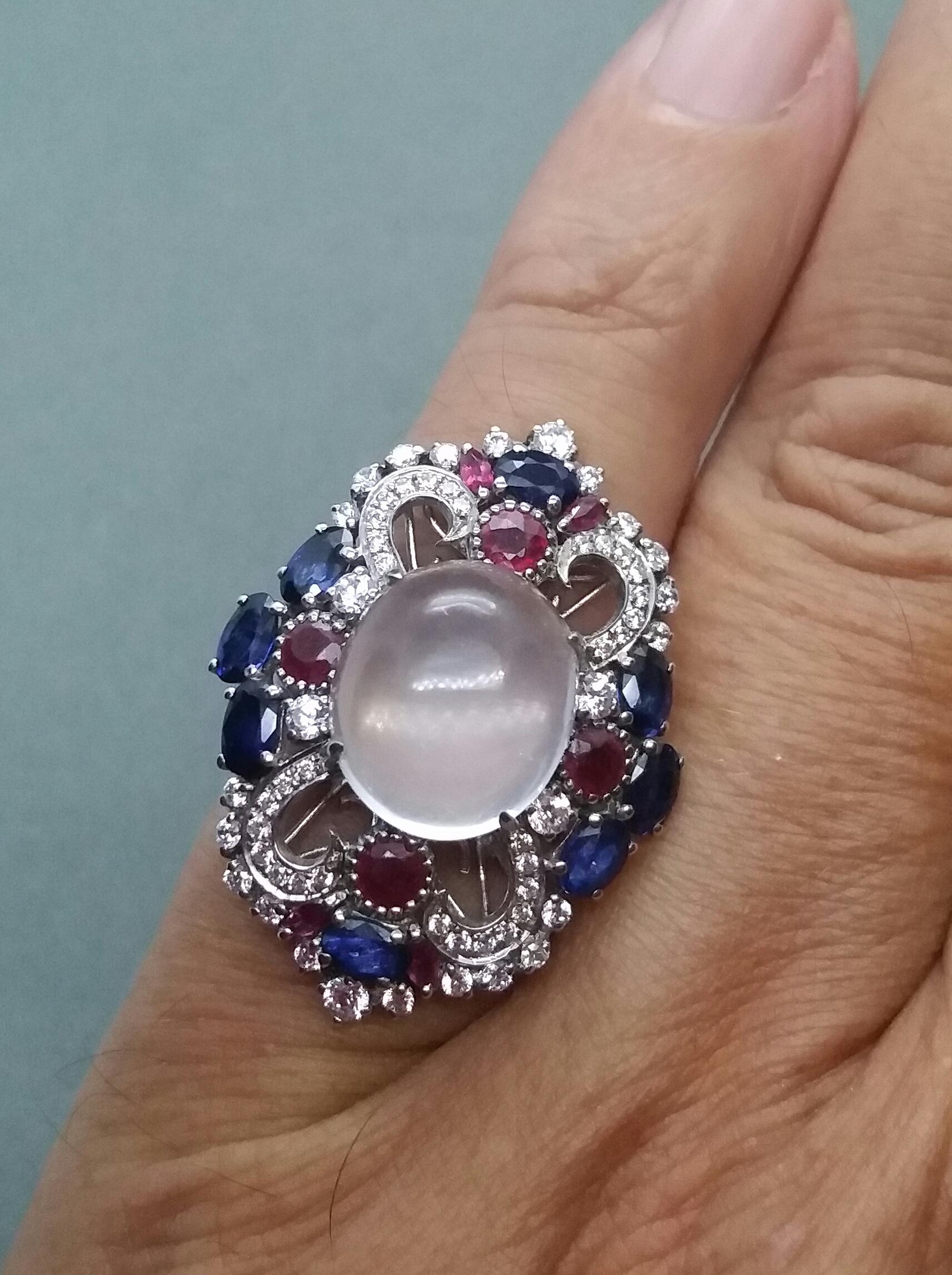 Art Deco Style Moonstone Blue Sapphires Rubies Diamonds White Gold Cocktail Ring For Sale 6