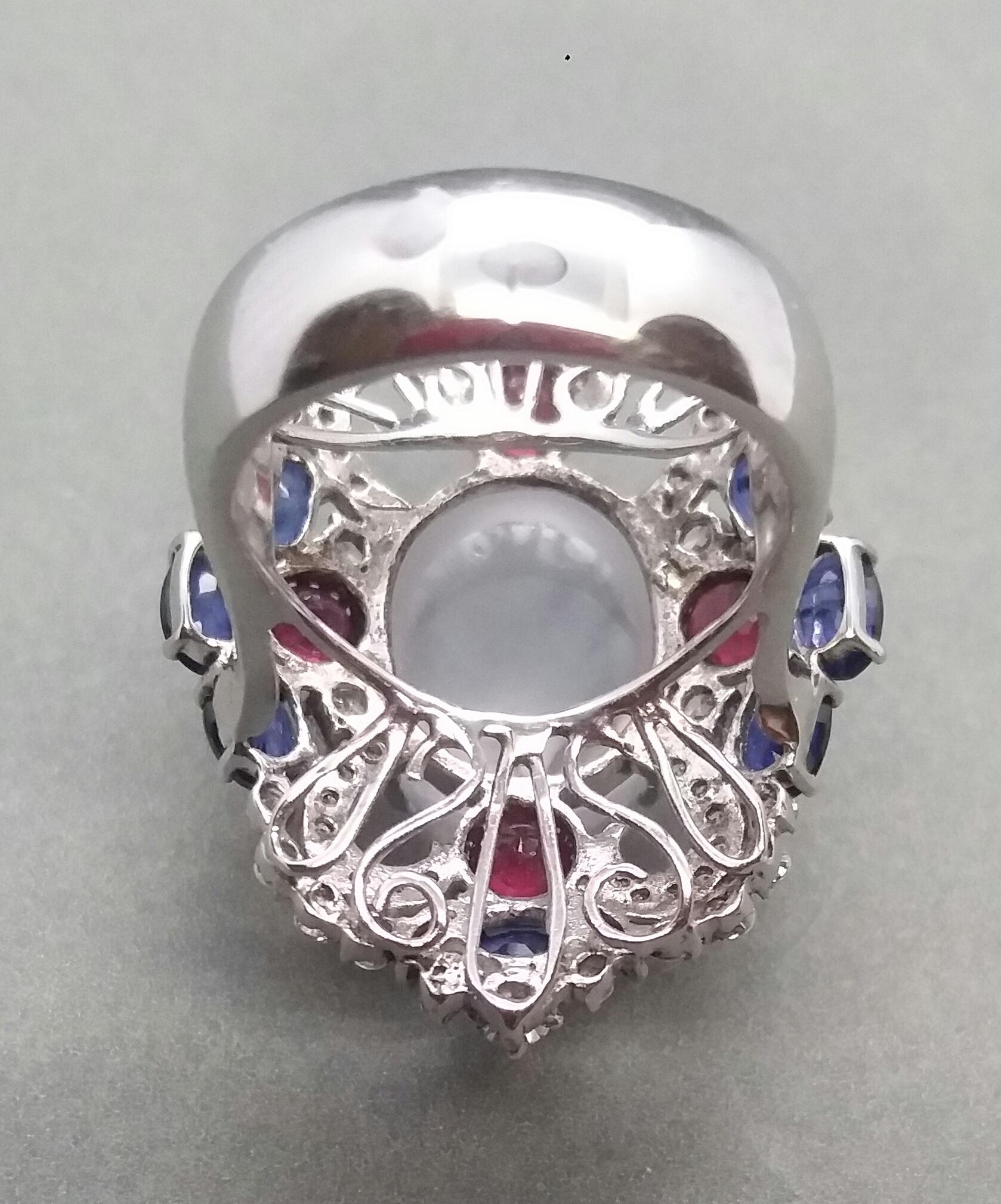Art Deco Style Moonstone Blue Sapphires Rubies Diamonds White Gold Cocktail Ring In Good Condition For Sale In Bangkok, TH