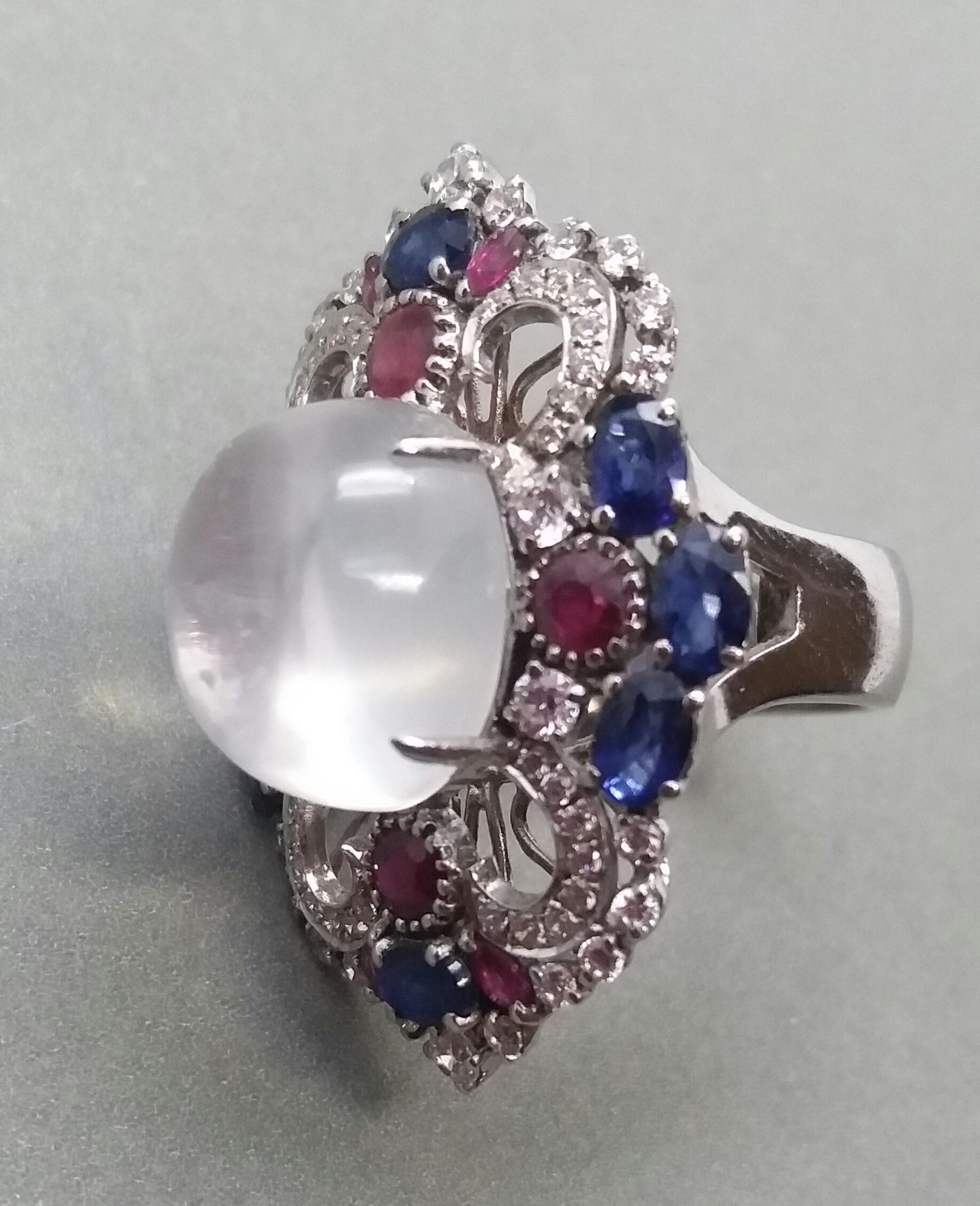 Women's Art Deco Style Moonstone Blue Sapphires Rubies Diamonds White Gold Cocktail Ring For Sale