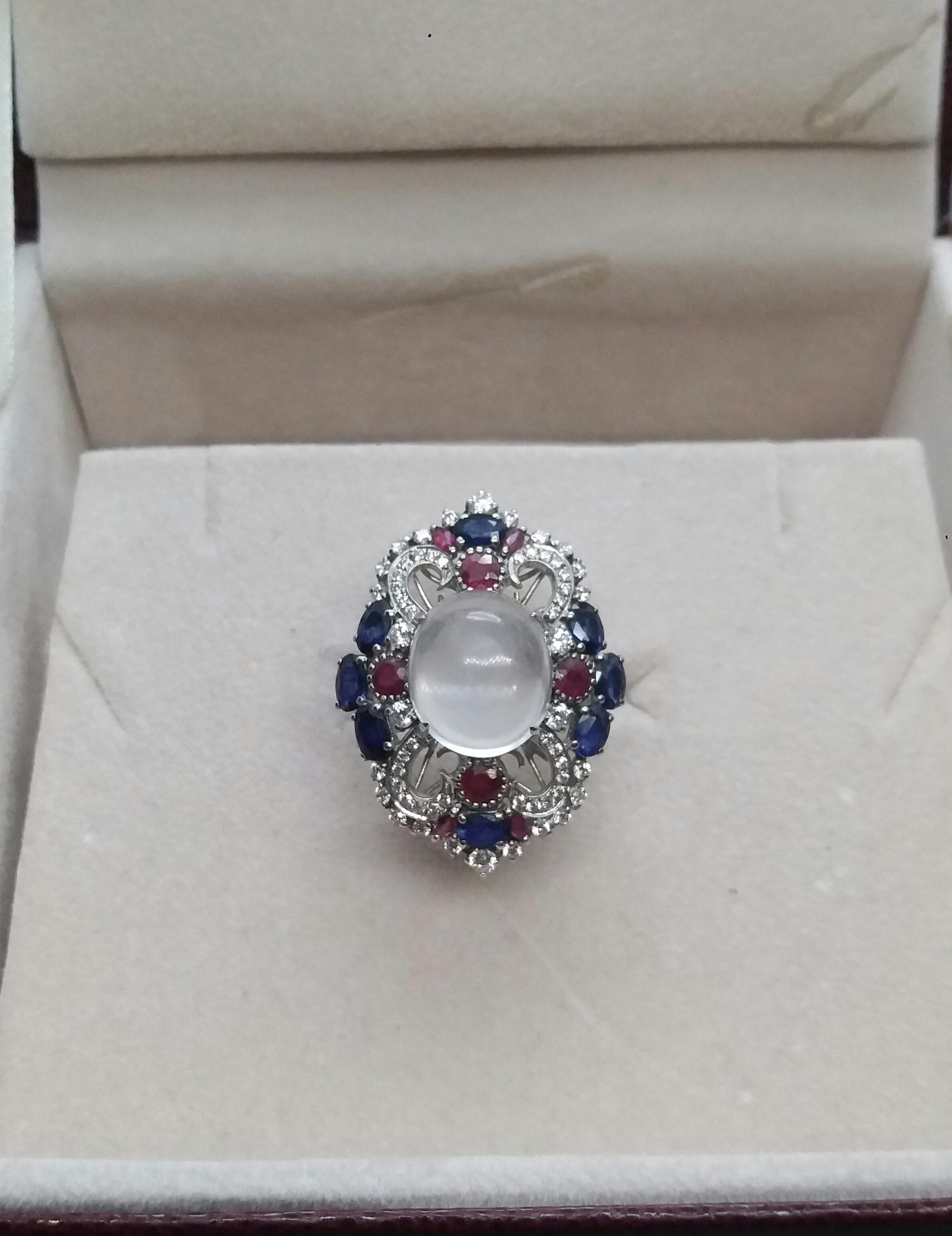 Art Deco Style Moonstone Blue Sapphires Rubies Diamonds White Gold Cocktail Ring For Sale 1