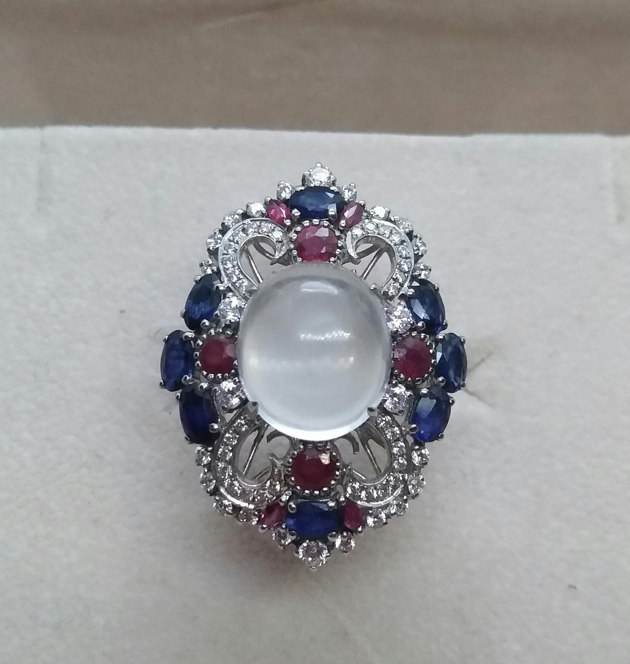 Art Deco Style Moonstone Blue Sapphires Rubies Diamonds White Gold Cocktail Ring For Sale 2