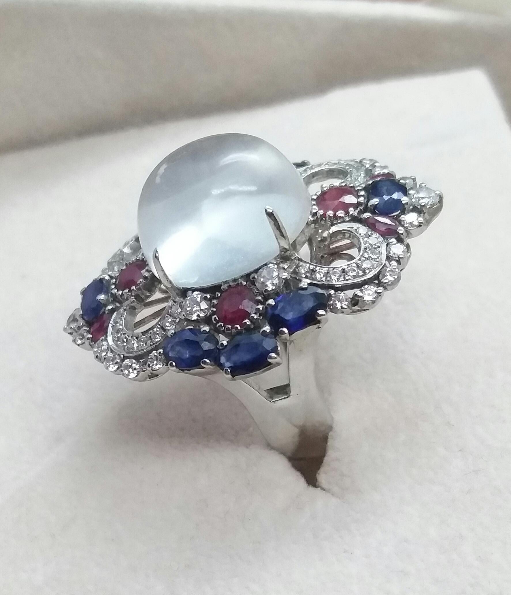 Art Deco Style Moonstone Blue Sapphires Rubies Diamonds White Gold Cocktail Ring For Sale 3