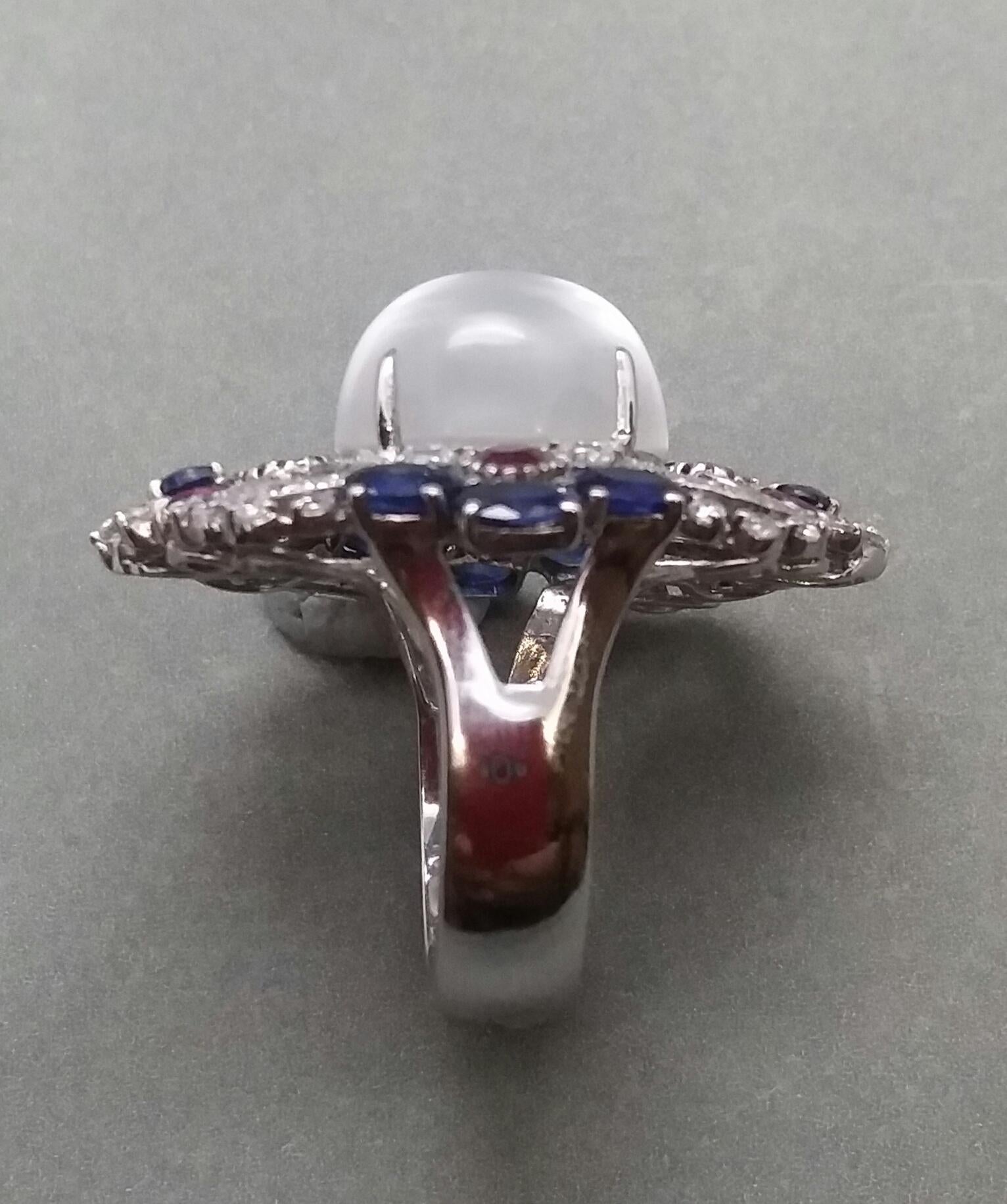 Art Deco Style Moonstone Blue Sapphires Rubies Diamonds White Gold Cocktail Ring For Sale 4