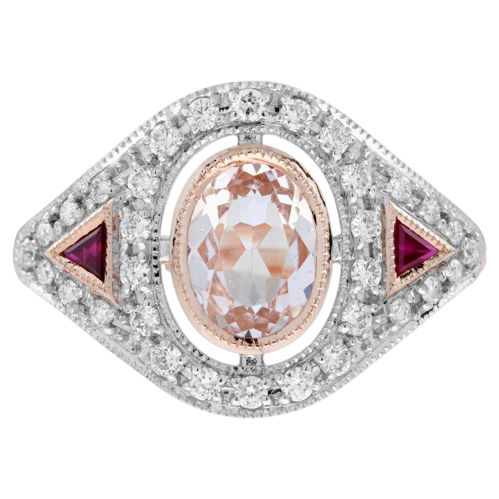 Anillo de morganita, diamantes y rubíes de estilo Art Déco en oro rosa de 14K