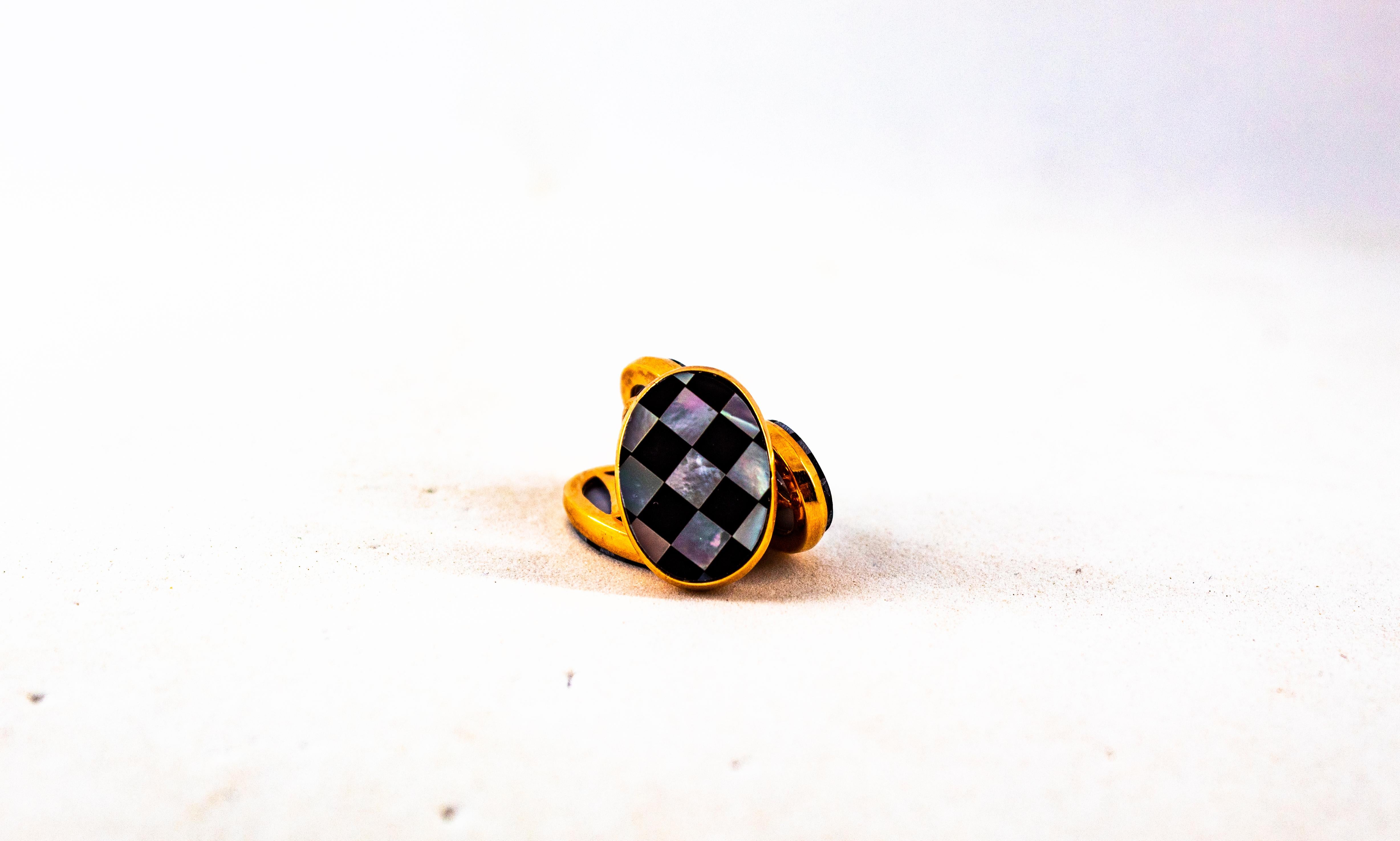 Art Deco Stil Perlmutt Handcrafted Gelbgold Manschettenknöpfe im Angebot 1