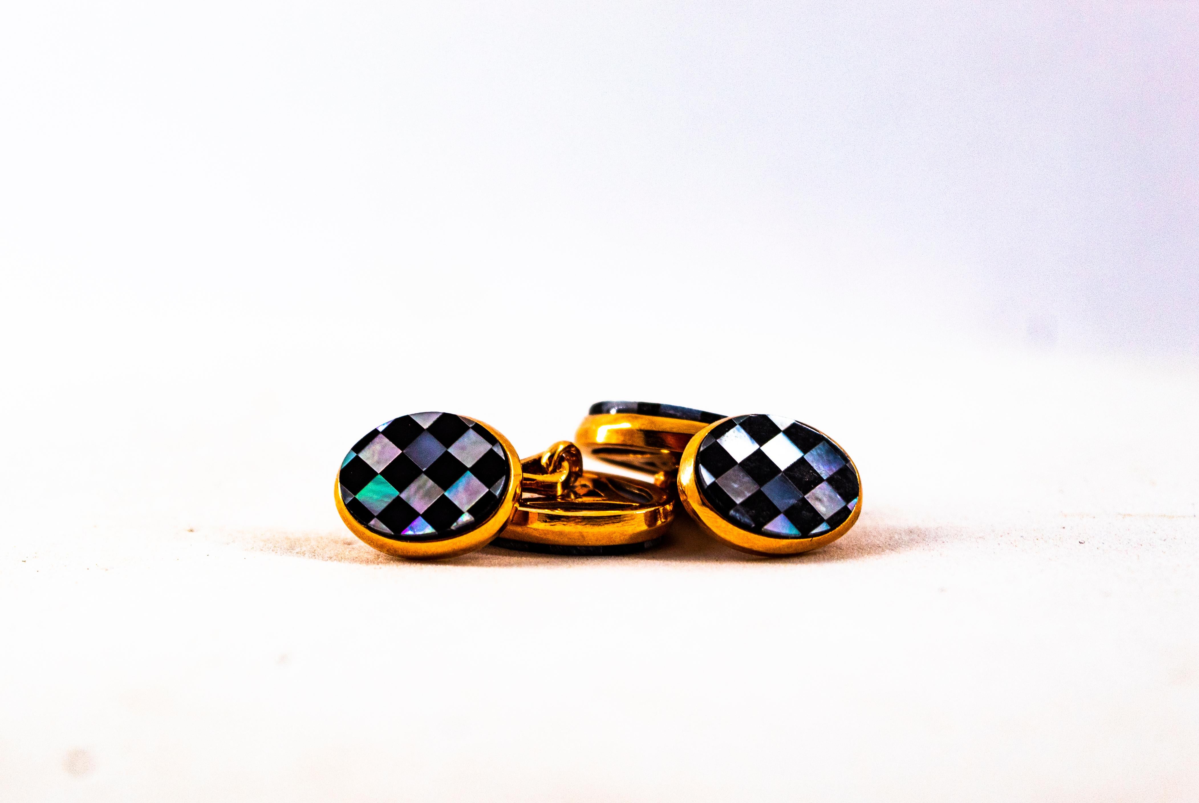 Art Deco Stil Perlmutt Handcrafted Gelbgold Manschettenknöpfe im Angebot 2